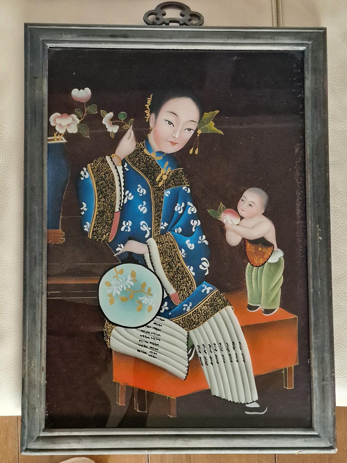 Chinese Republic Reverse Glass Painting, Lady and Child, Framed Art (60x40cm)