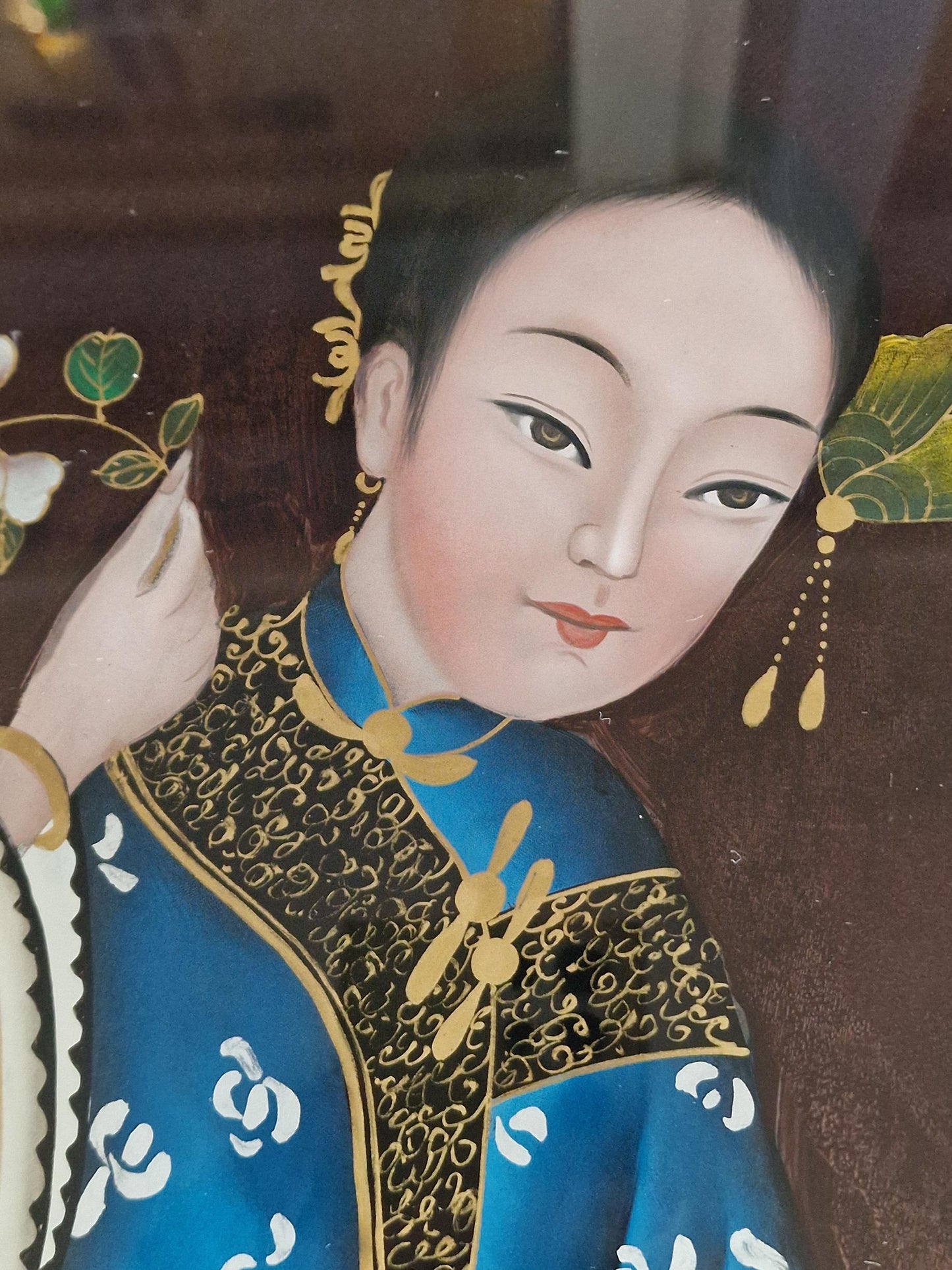 Chinese Republic Reverse Glass Painting, Lady and Child, Framed Art (60x40cm)