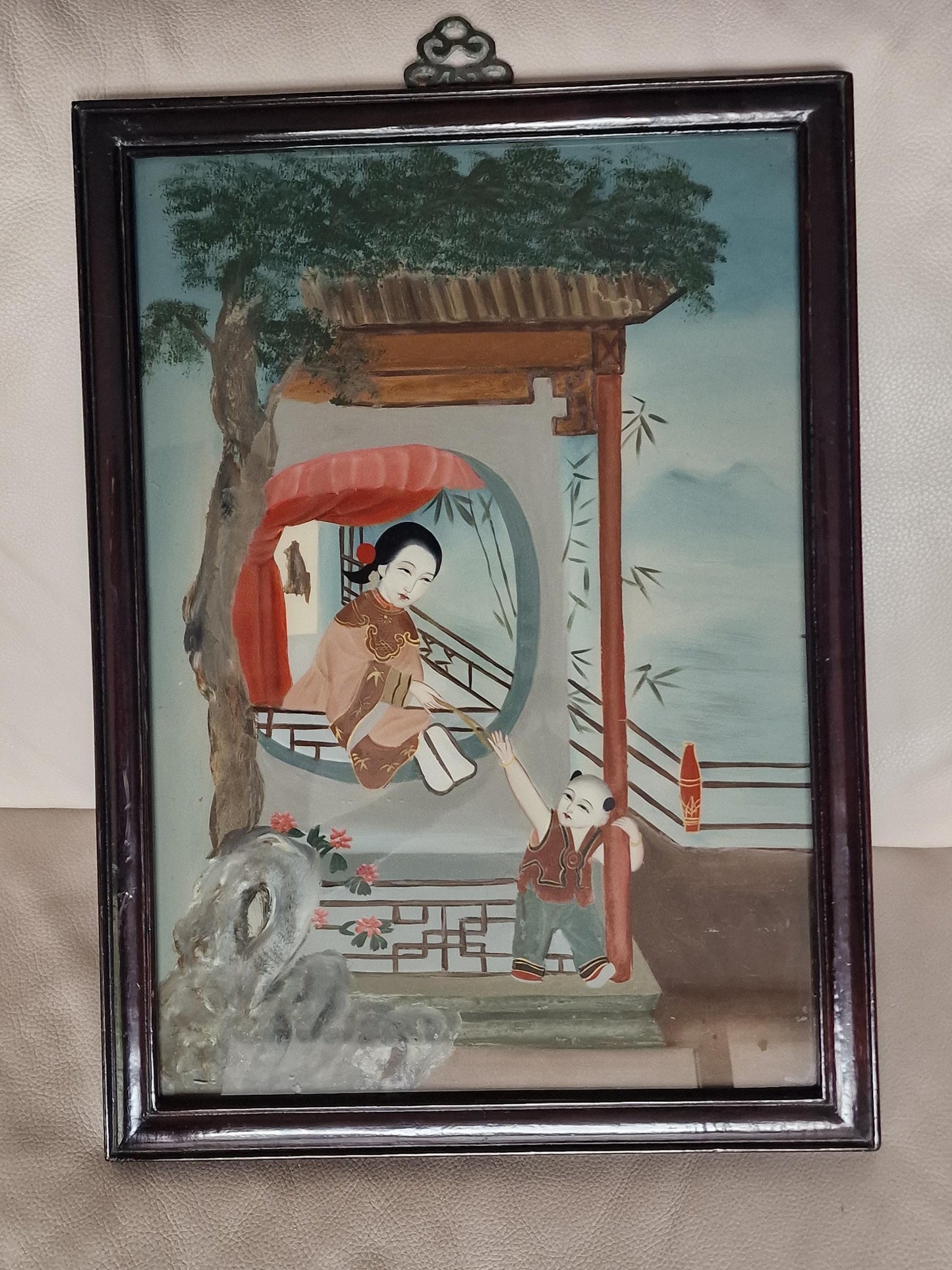 Republic Period Reverse Glass Painting, Lady and Child, Framed