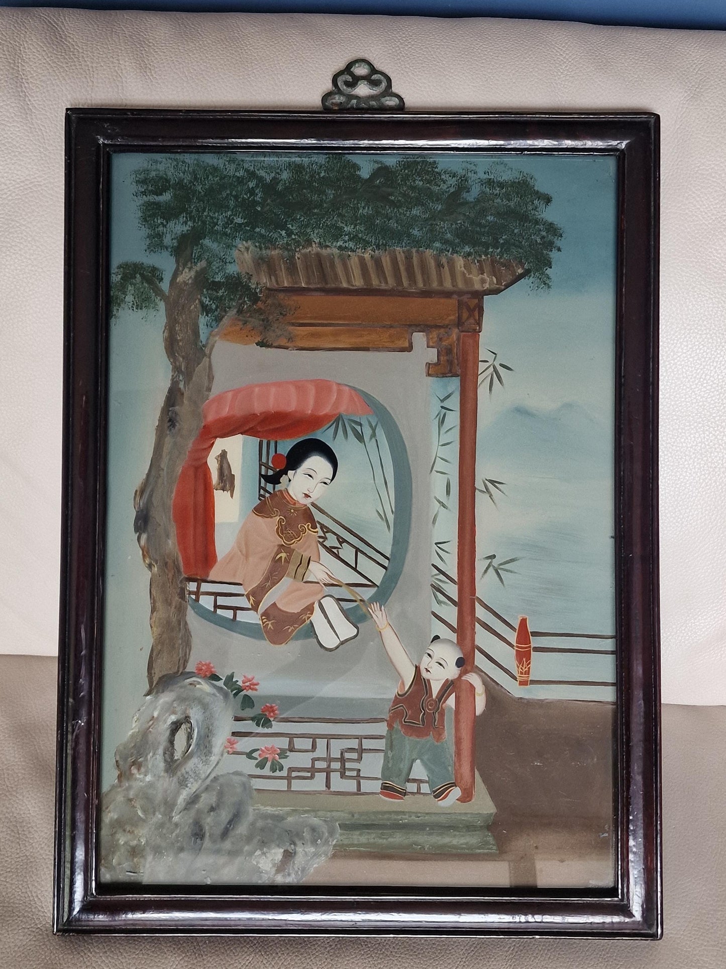 Republic Period Reverse Glass Painting, Lady and Child, Framed