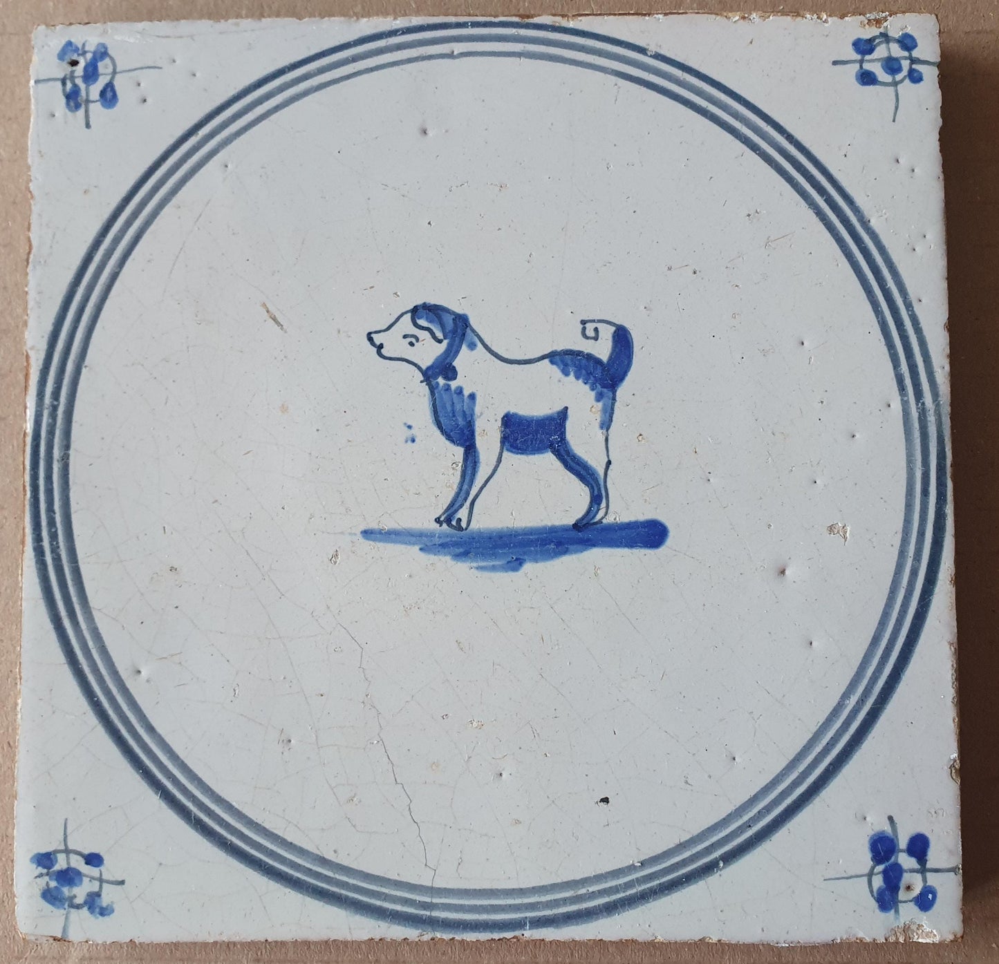 Antique Delft Tile, c.1780, Two-Colored Dog Springer