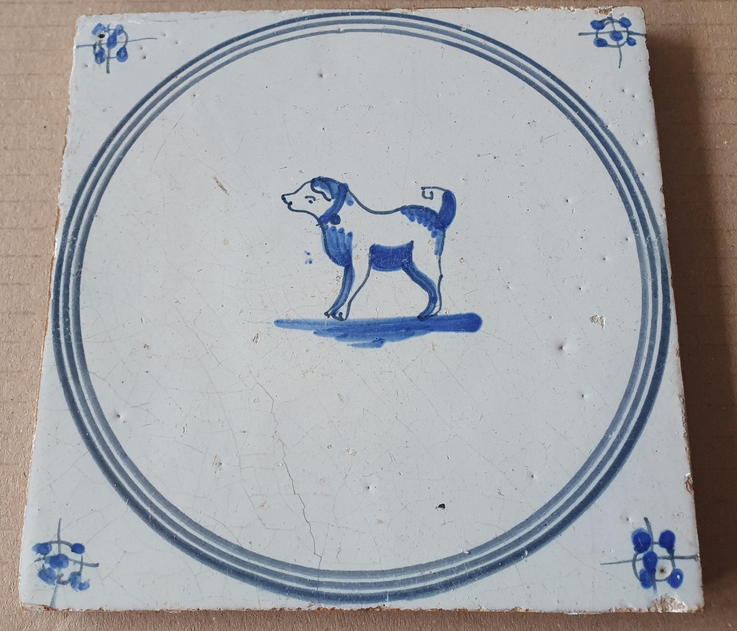 Antique Delft Tile, c.1780, Two-Colored Dog Springer