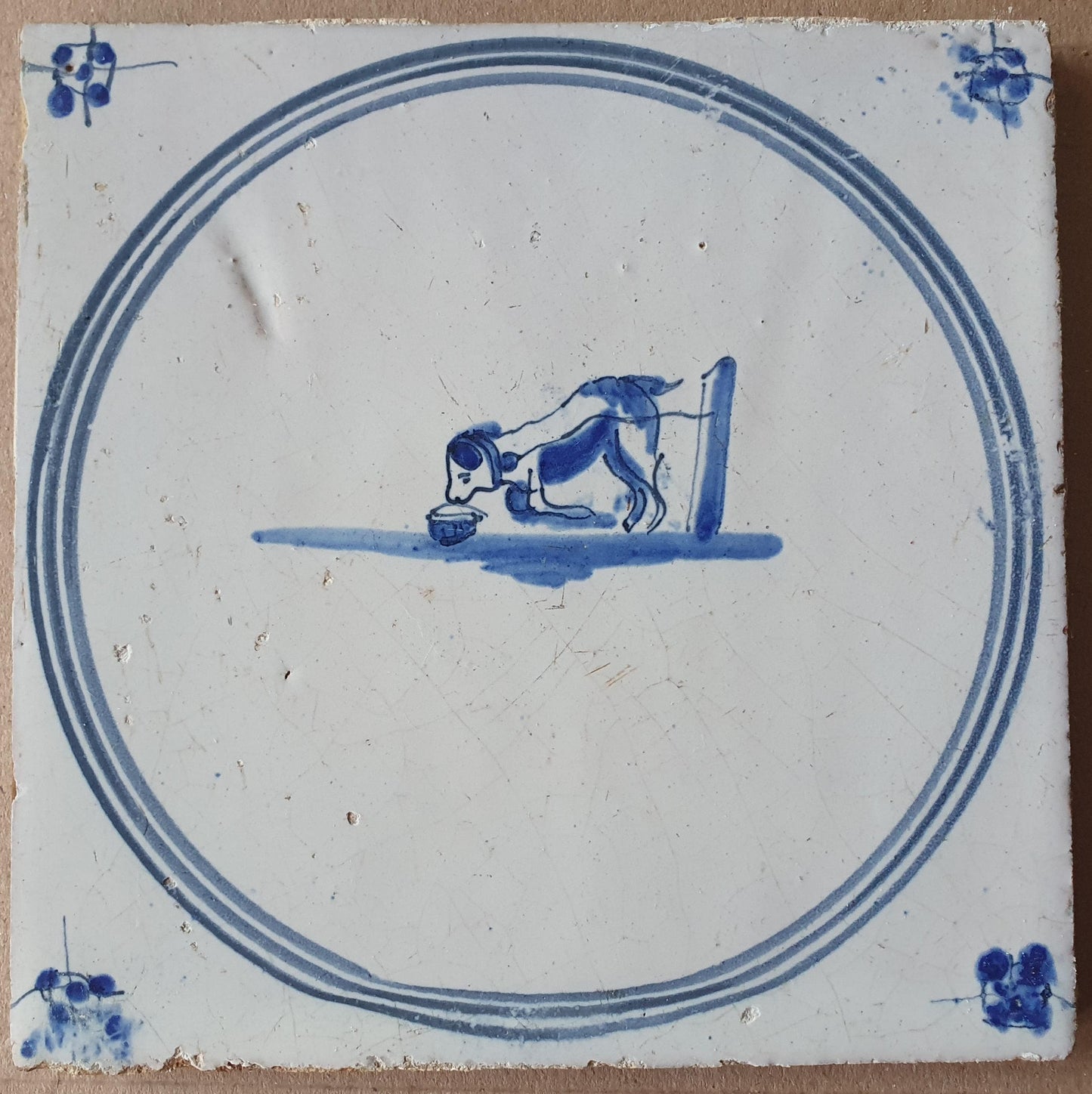 Antique Delft Tile, 1780s Springer with Two-Colored Dog