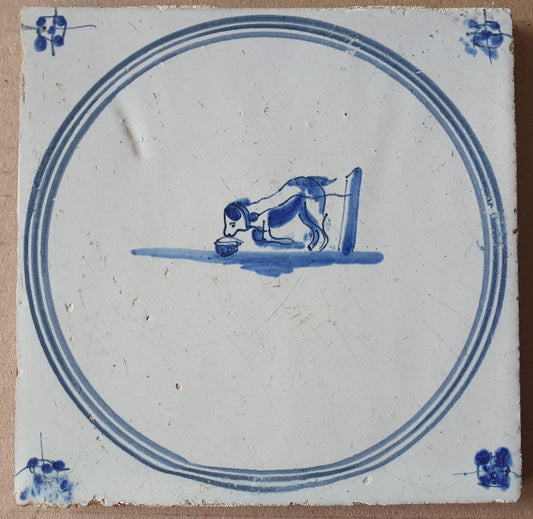 Antique Delft Tile, 1780s Springer with Two-Colored Dog