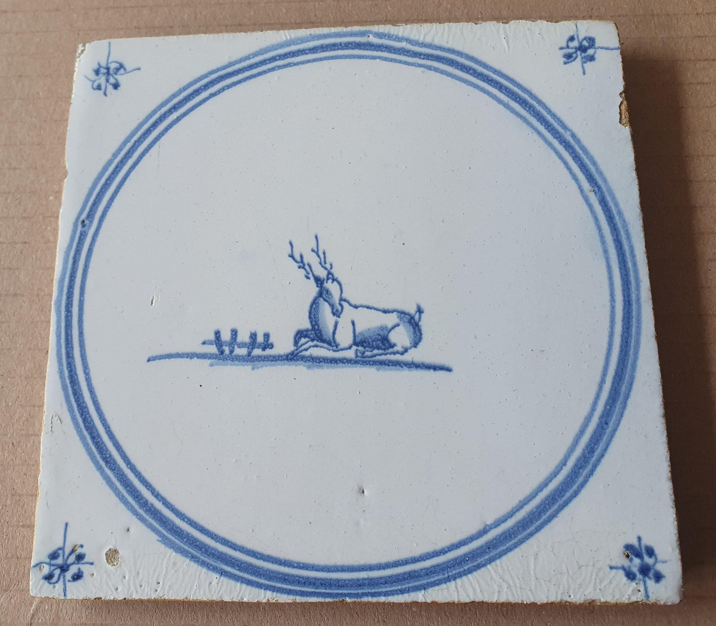 Antique Delft Tile: 1780s Springer with Reclining Deer