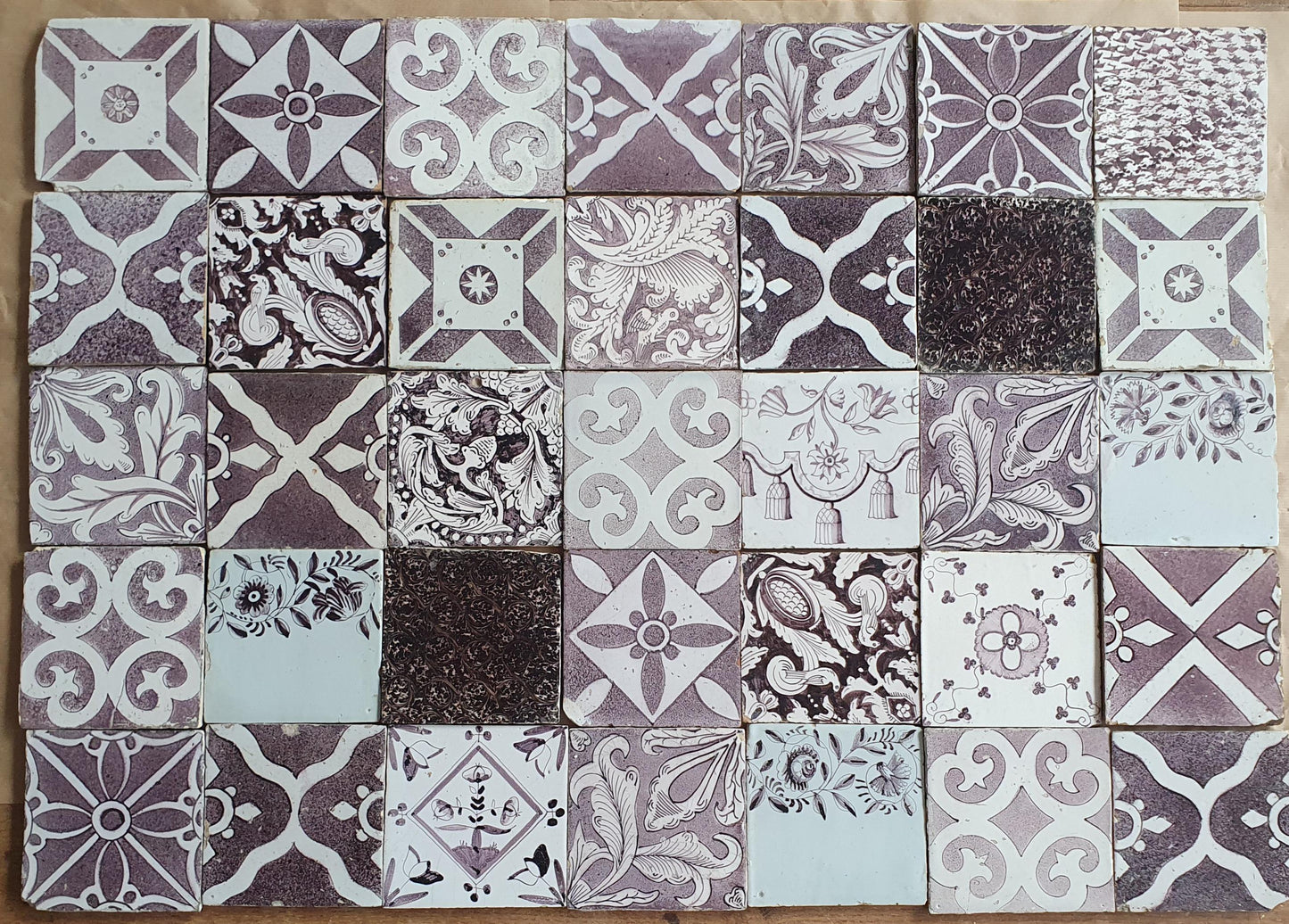 35 Antique Delft Tiles, 18th-19th Century Manganese Dutch Build-in