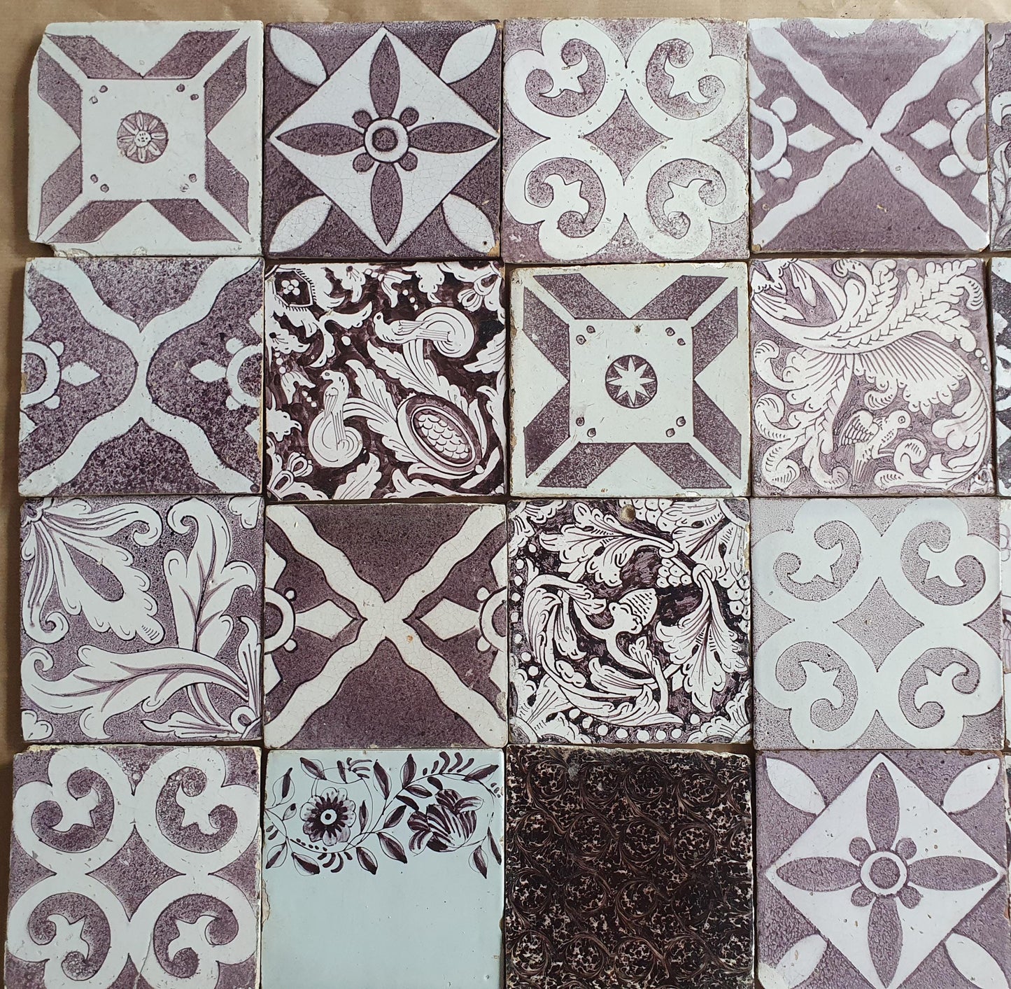 35 Antique Delft Tiles, 18th-19th Century Manganese Dutch Build-in