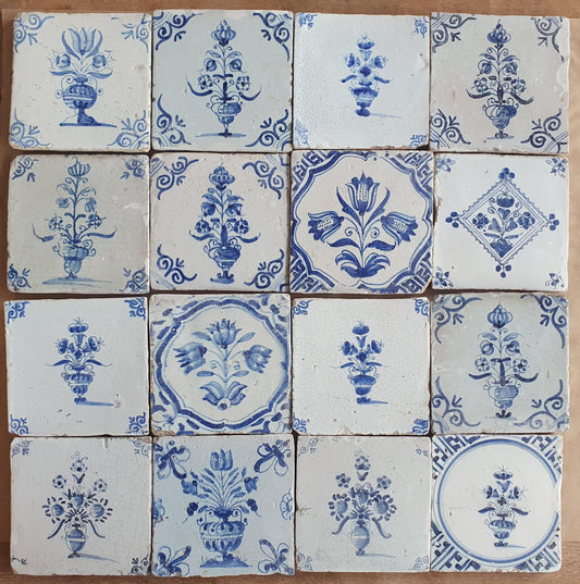 16 Antique Delft Tiles, 17th Century Dutch Tilefield, Tulip Decor (13x13 cm)
