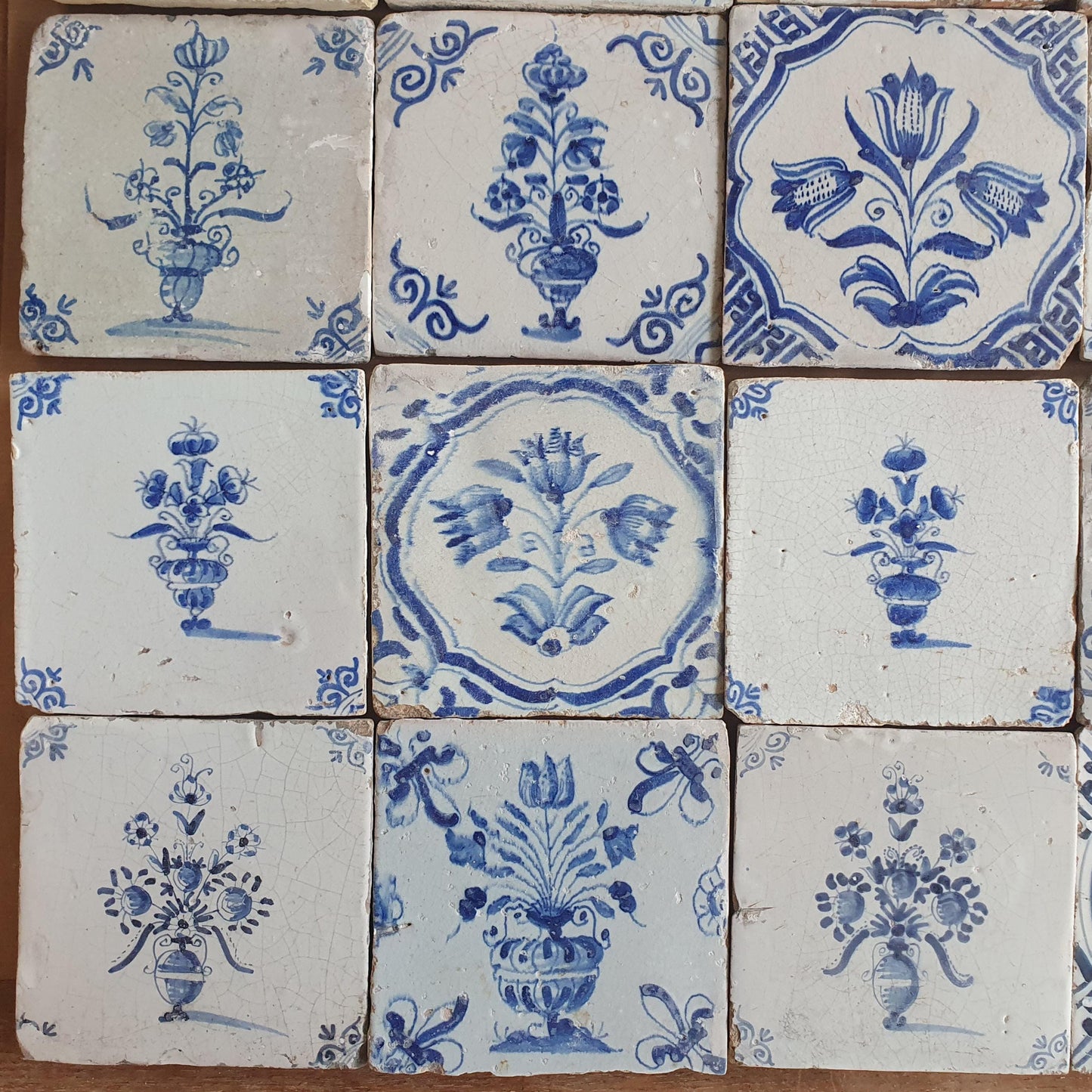 16 Antique Delft Tiles, 17th Century Dutch Tilefield, Tulip Decor (13x13 cm)