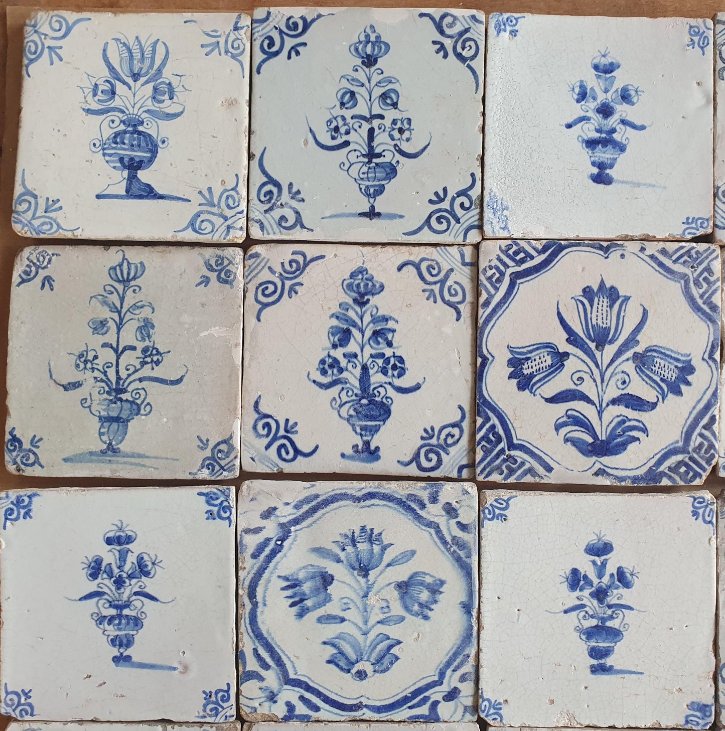 16 Antique Delft Tiles, 17th Century Dutch Tilefield, Tulip Decor (13x13 cm)
