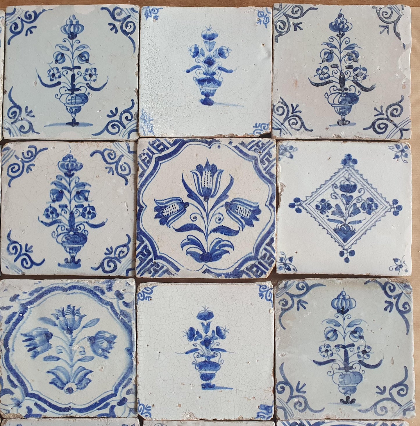 16 Antique Delft Tiles, 17th Century Dutch Tilefield, Tulip Decor (13x13 cm)