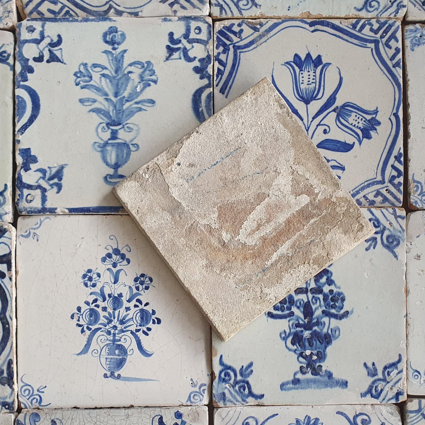 Antique Delft Tulip Tiles, 17th Century Dutch Tilefield (16pc) Around 1640