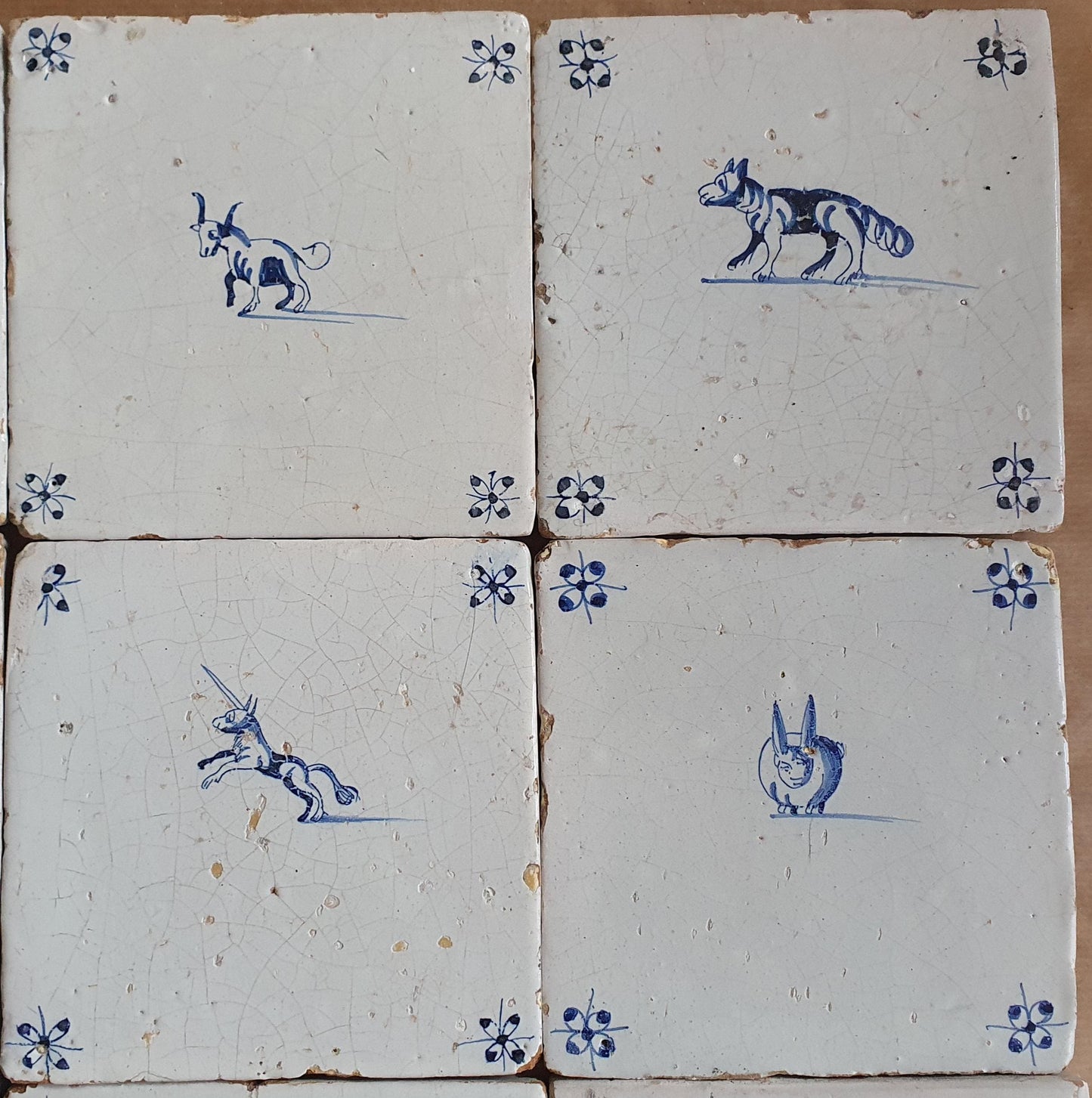 Antique Delft Tiles, 17th Century Dutch Animal Motifs, Set of 12