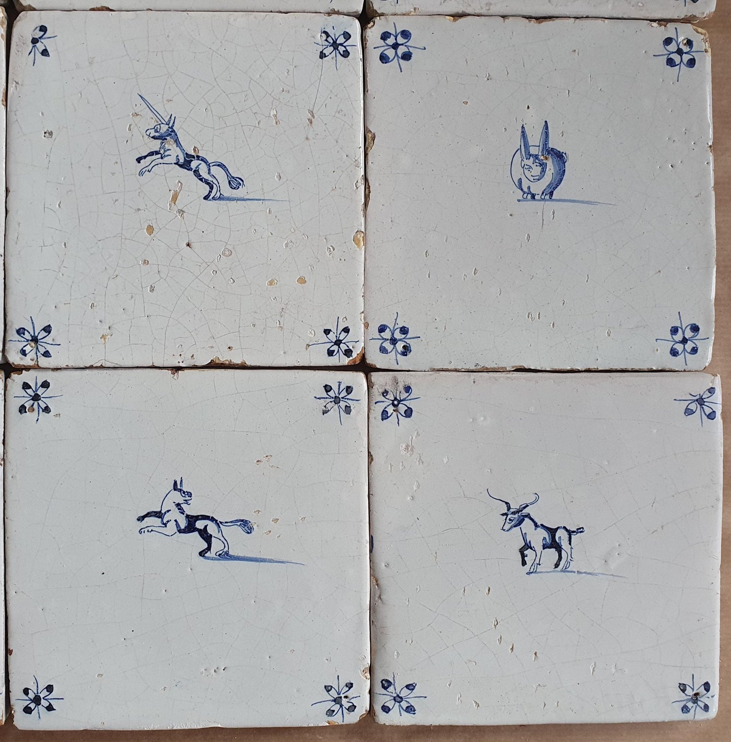 Antique Delft Tiles, 17th Century Dutch Animal Motifs, Set of 12