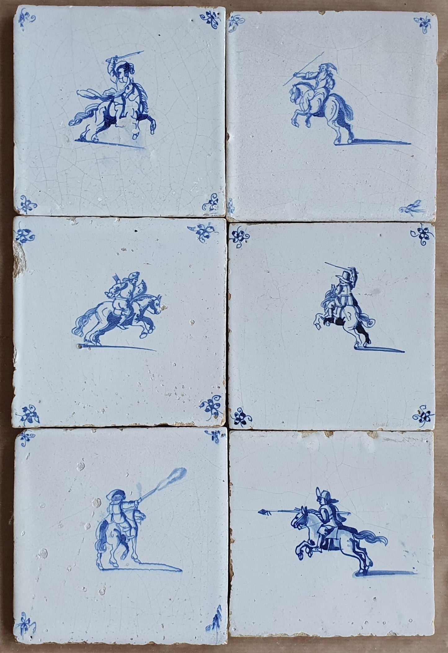 Antique Dutch Delft Tiles, 17th Century Horsemen Design, Set of 6