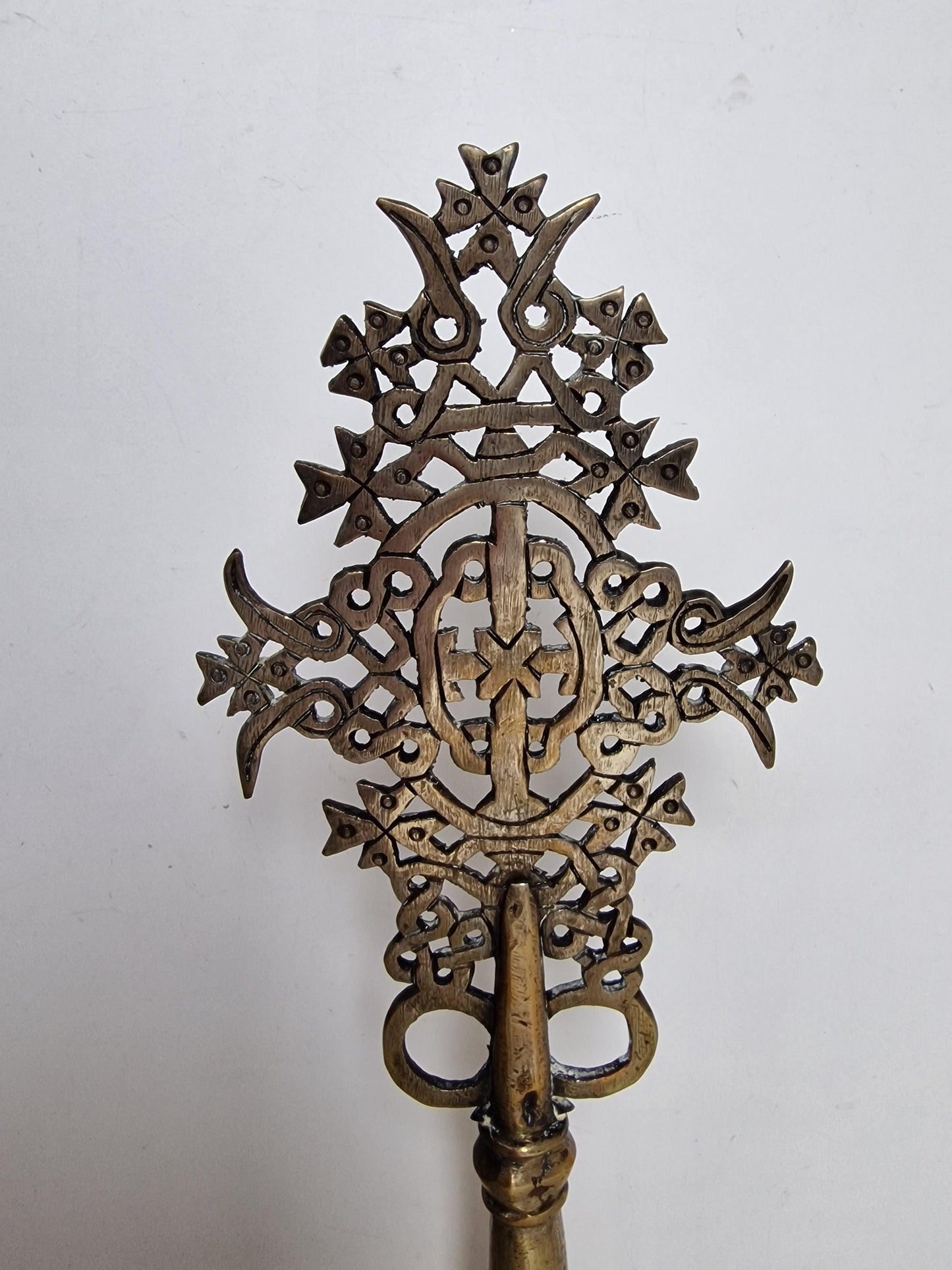 Antique Ethiopian Stick Hand Cross – 19th Century Processional Cross, Bronze/Brass Christian Art