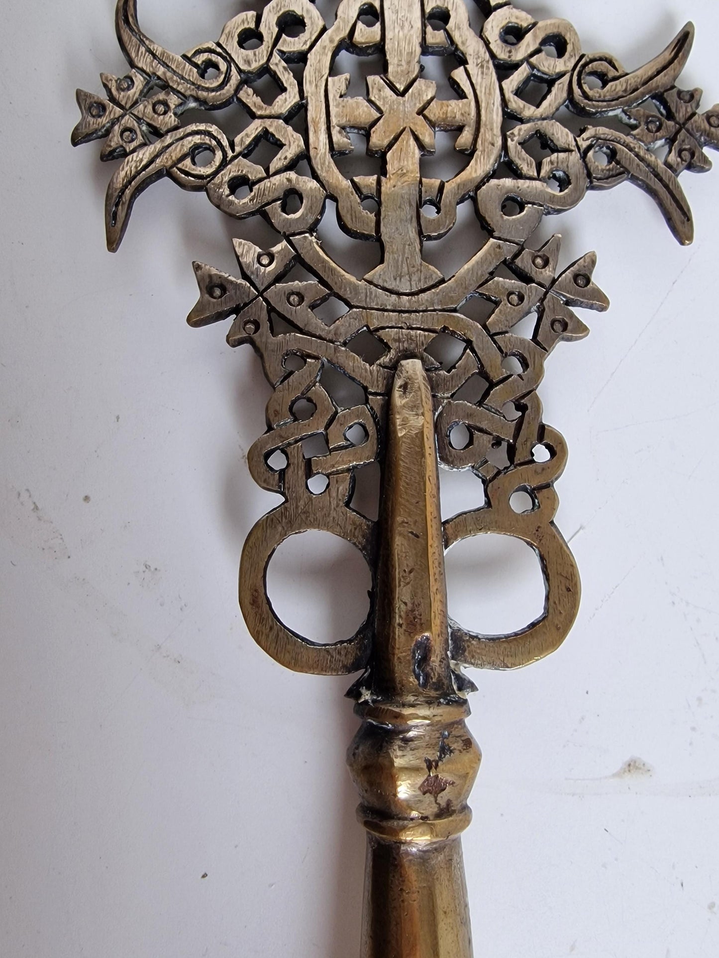 Antique Ethiopian Stick Hand Cross – 19th Century Processional Cross, Bronze/Brass Christian Art