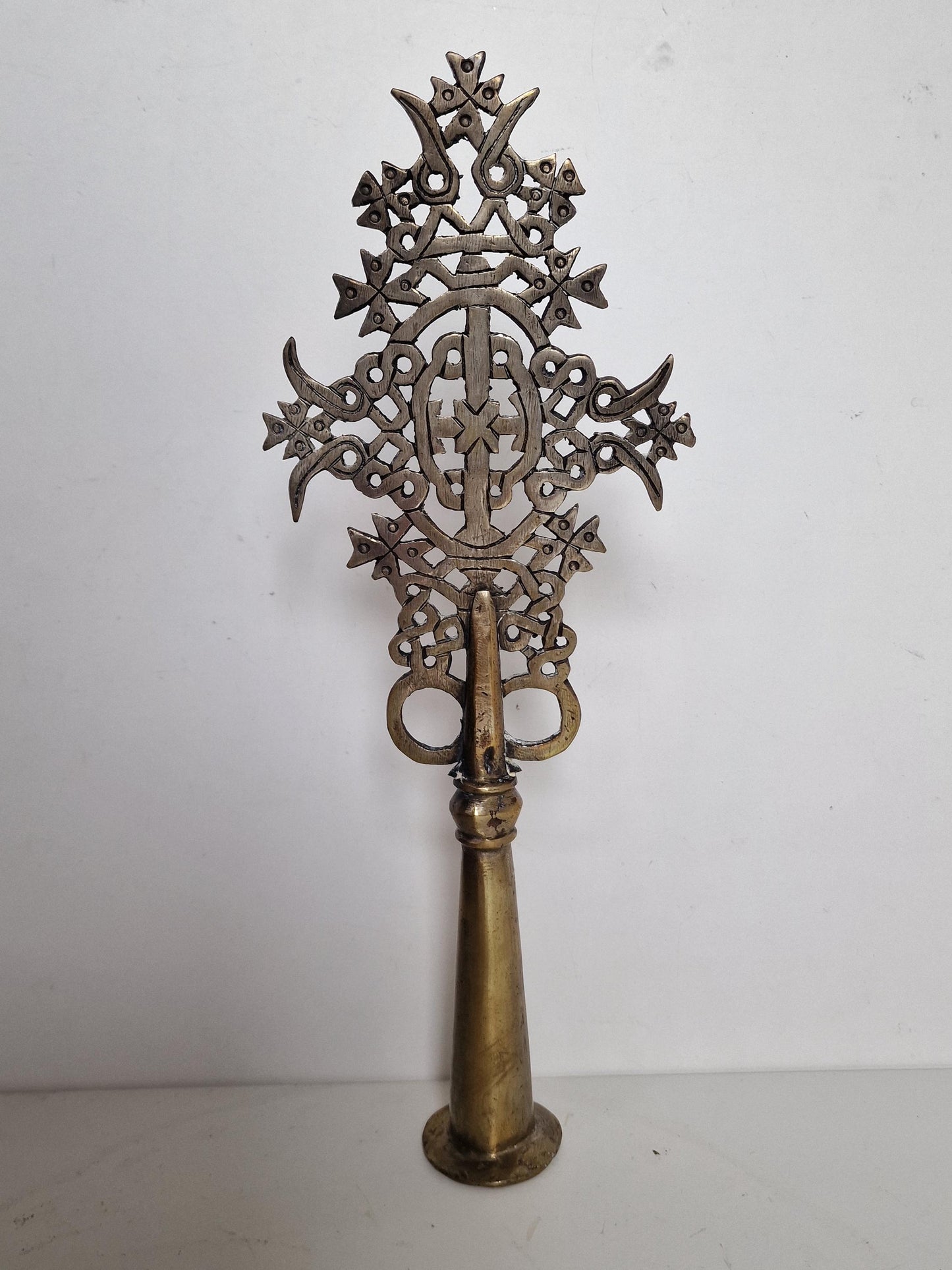 Antique Ethiopian Stick Hand Cross – 19th Century Processional Cross, Bronze/Brass Christian Art