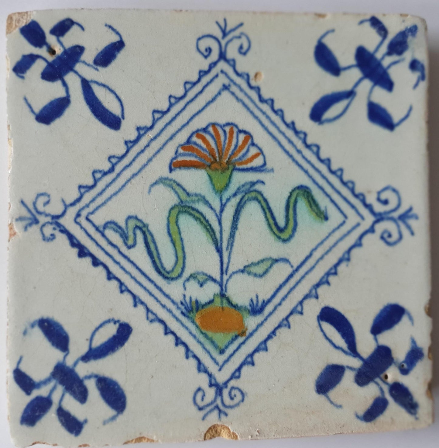Antique Delft Tile, Blue Flower, 1640 Dutch Polychrome