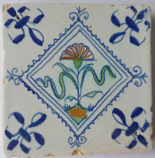 Antique Delft Tile, Blue Flower, 1640 Dutch Polychrome