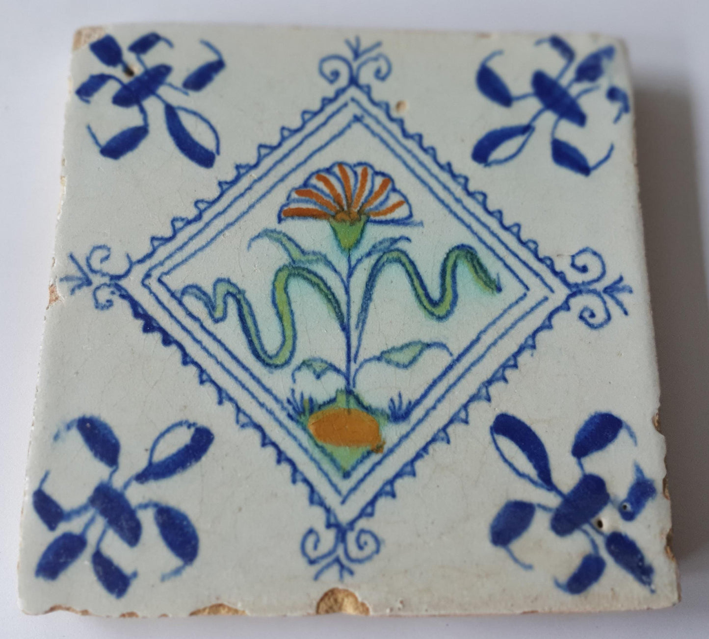 Antique Delft Tile, Blue Flower, 1640 Dutch Polychrome