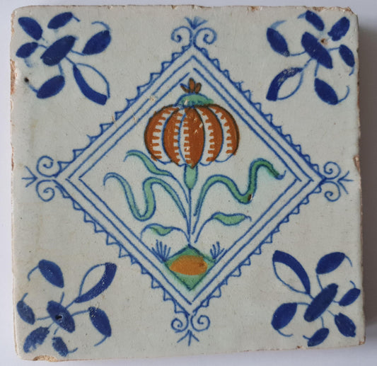 Antique Delft Tile, 1640 Floral Polychrome, Framed Decor