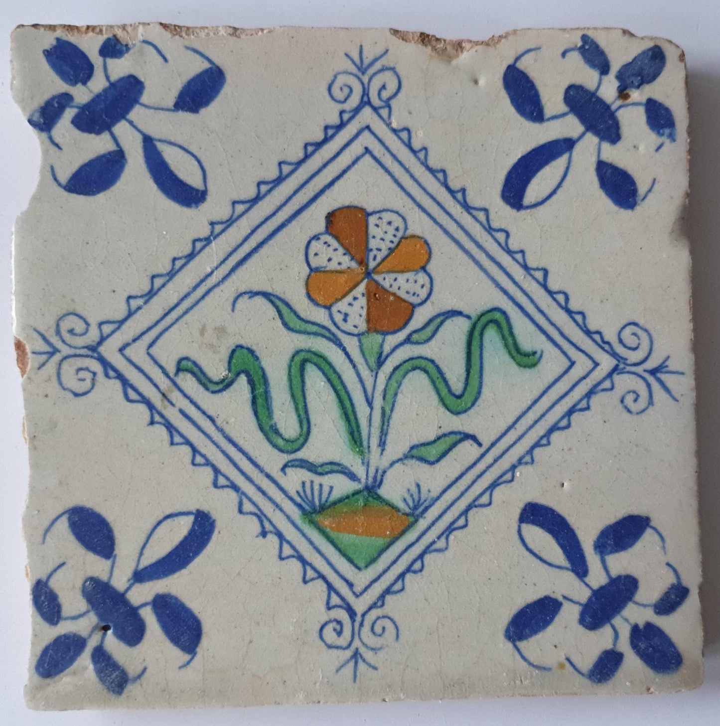 Antique Delft Tile, Floral Polychrome, 1640