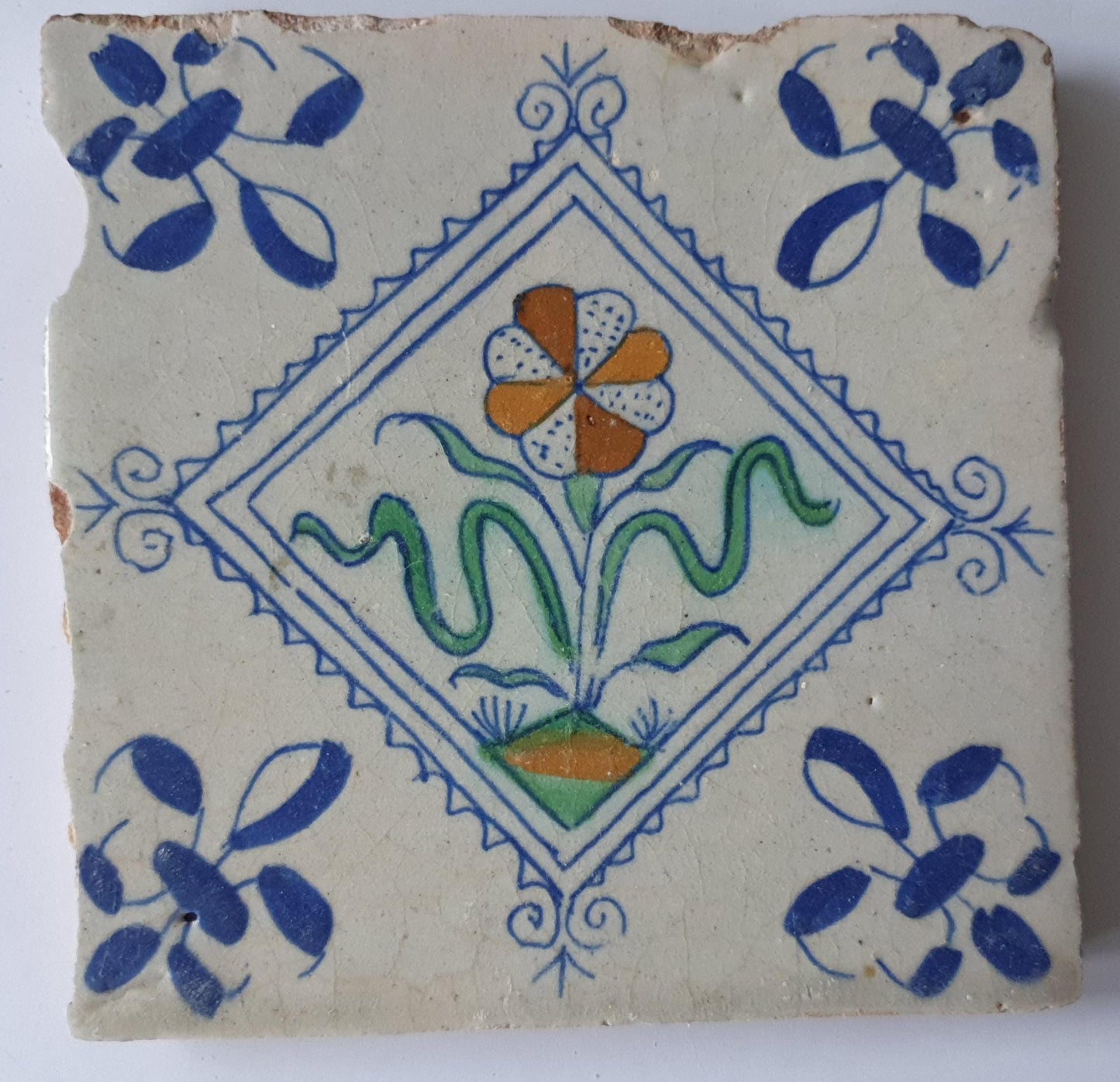 Antique Delft Tile, Floral Polychrome, 1640