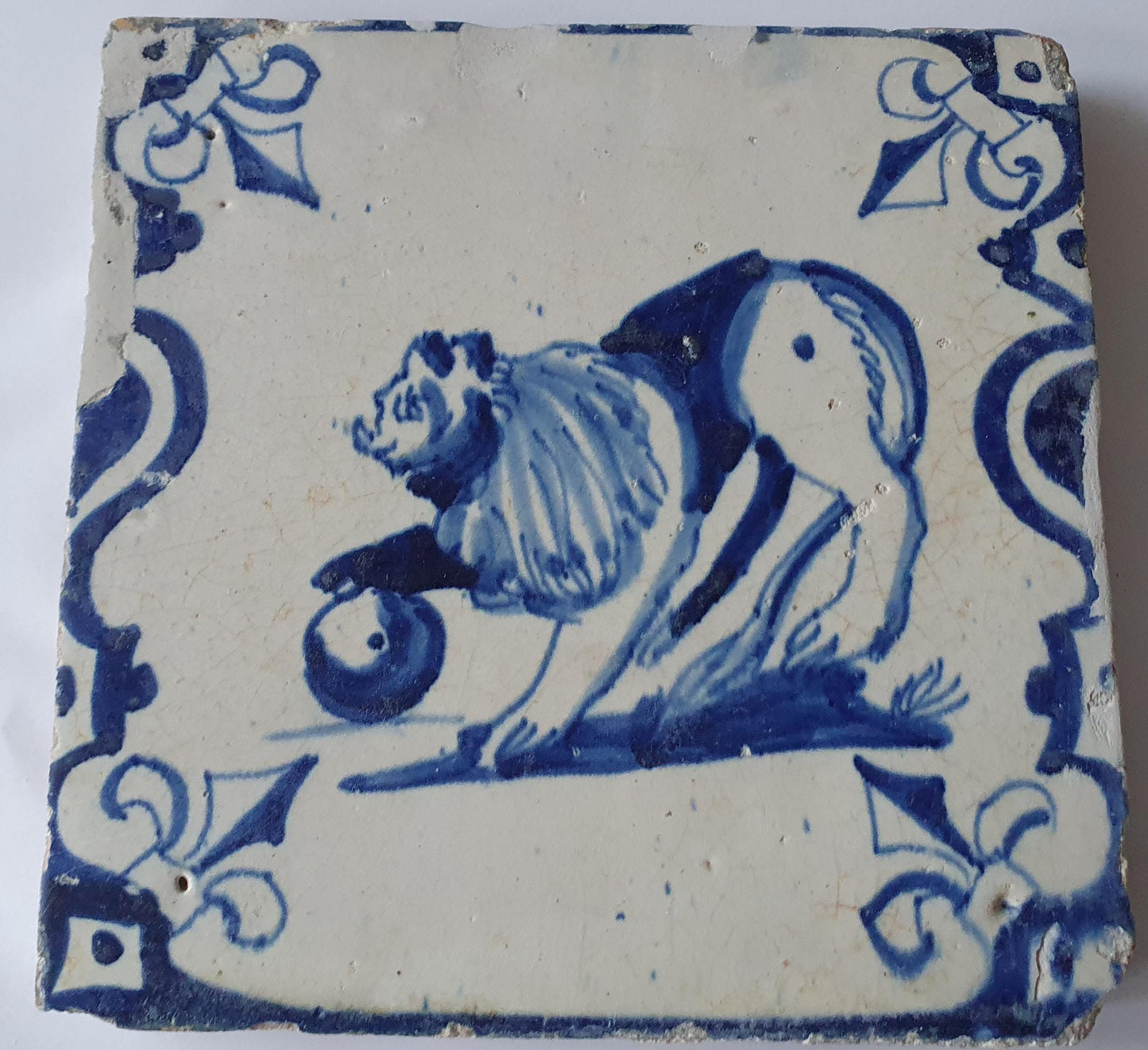 Antique Delft Tile, 17th Century Dutch Lion, Lily Corner