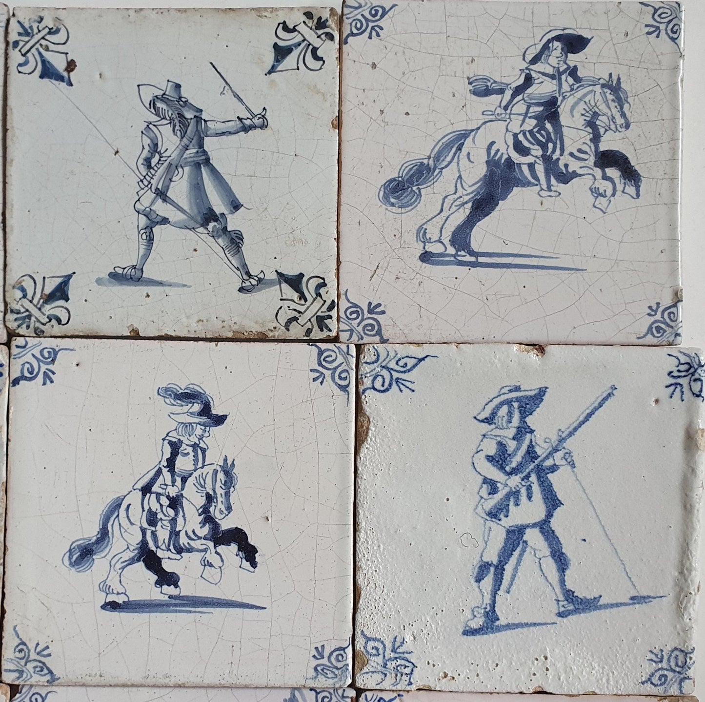 Antique Delft Tilefield, 17th Century Dutch Rider Motive