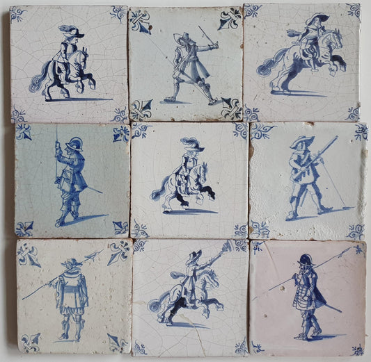 Antique Delft Tilefield, 17th Century Dutch Rider Motive