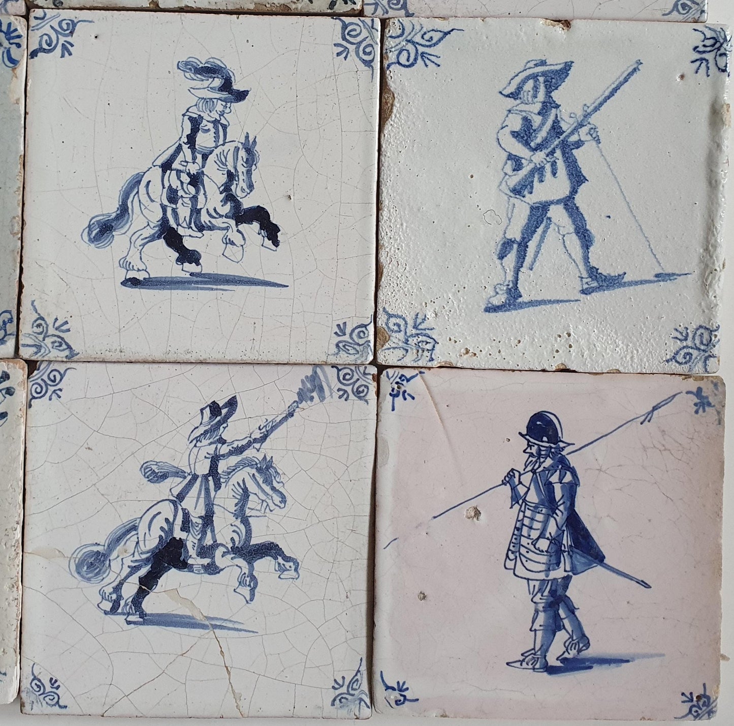 Antique Delft Tilefield, 17th Century Dutch Rider Motive