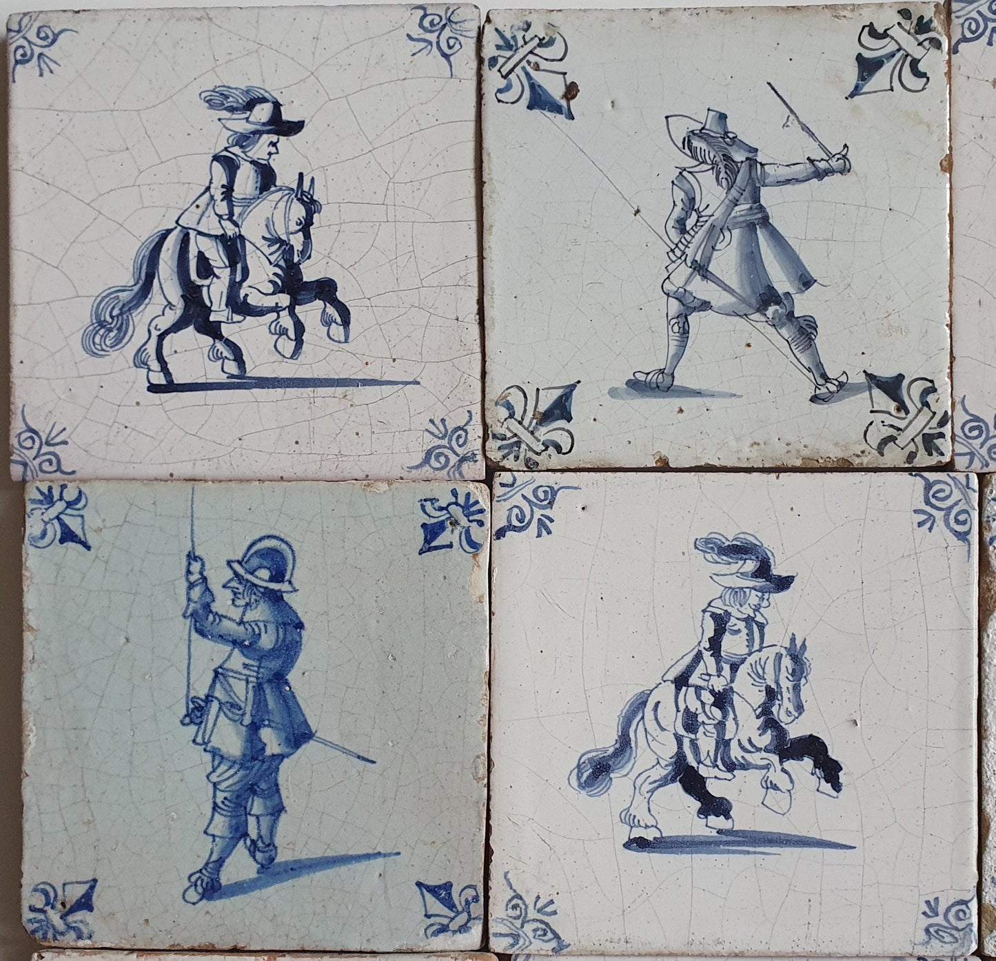 Antique Delft Tilefield, 17th Century Dutch Rider Motive