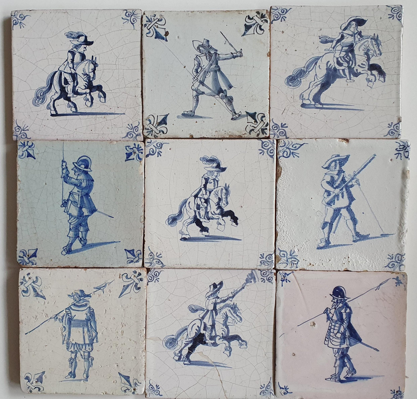 Antique Delft Tilefield, 17th Century Dutch Rider Motive