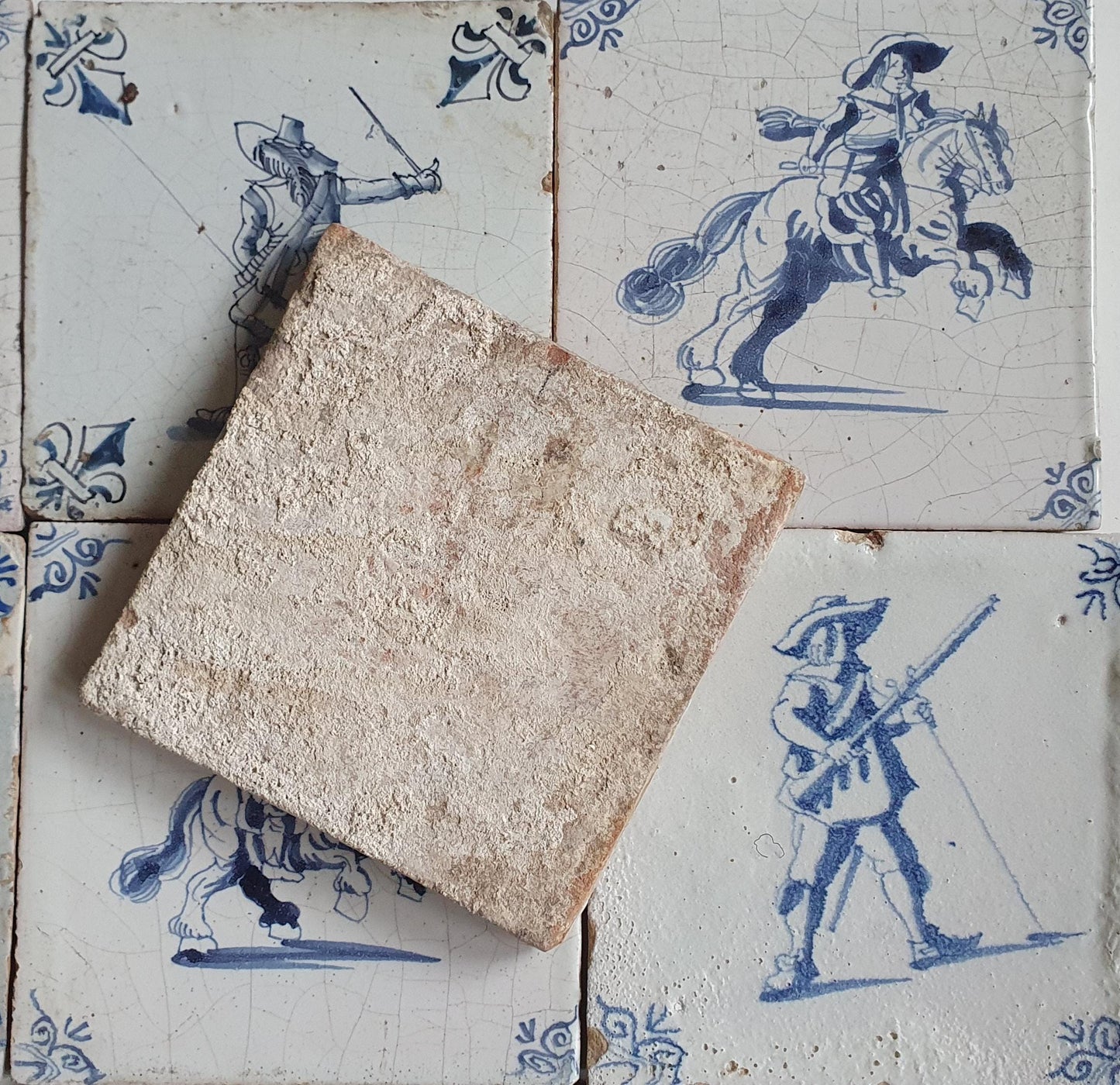 Antique Delft Tilefield, 17th Century Dutch Rider Motive