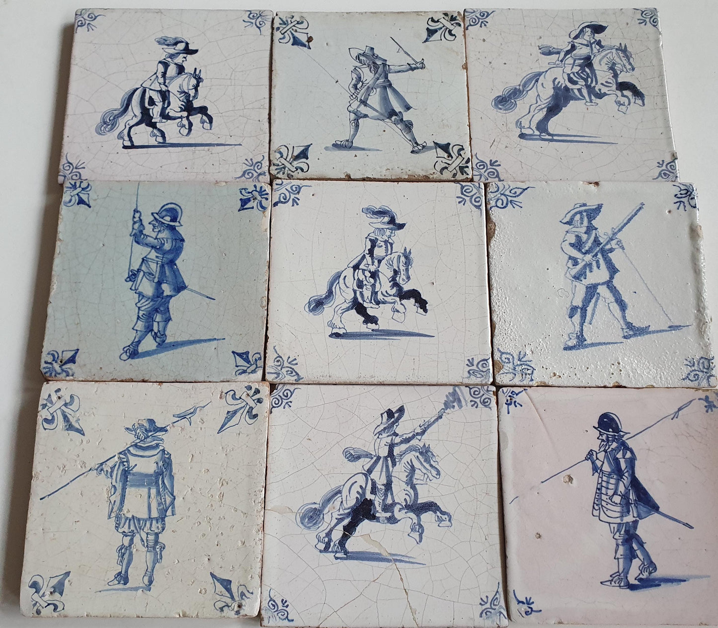 Antique Delft Tilefield, 17th Century Dutch Rider Motive