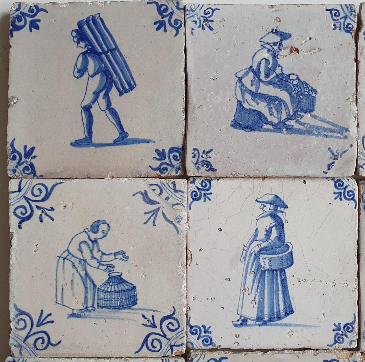 Antique Delft Tiles, 17th Century Dutch Wall Decor, Set of 12