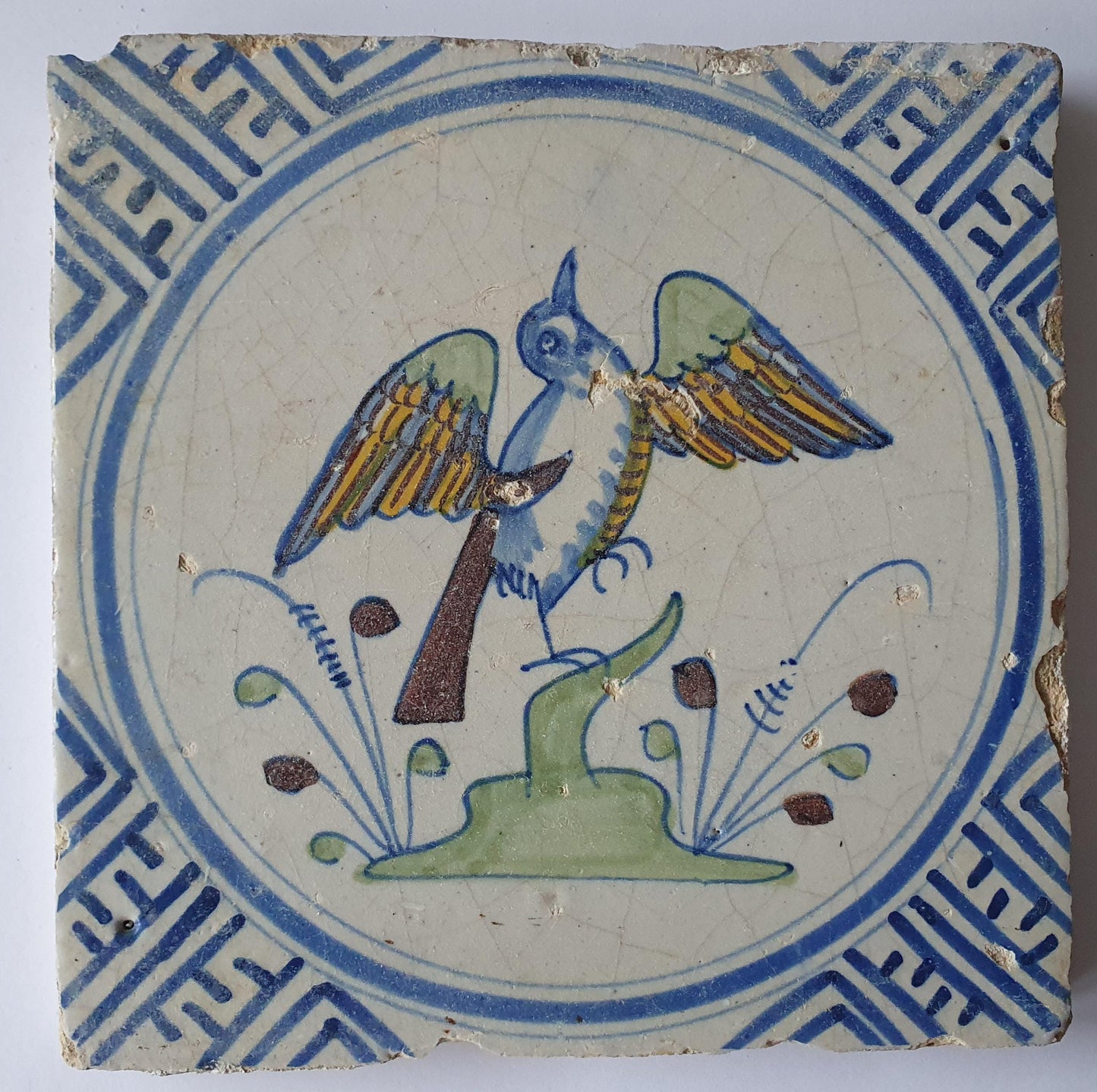 Antique Delft Tile – Polychrome Bird, Wan-Li Corner Motives, 1625