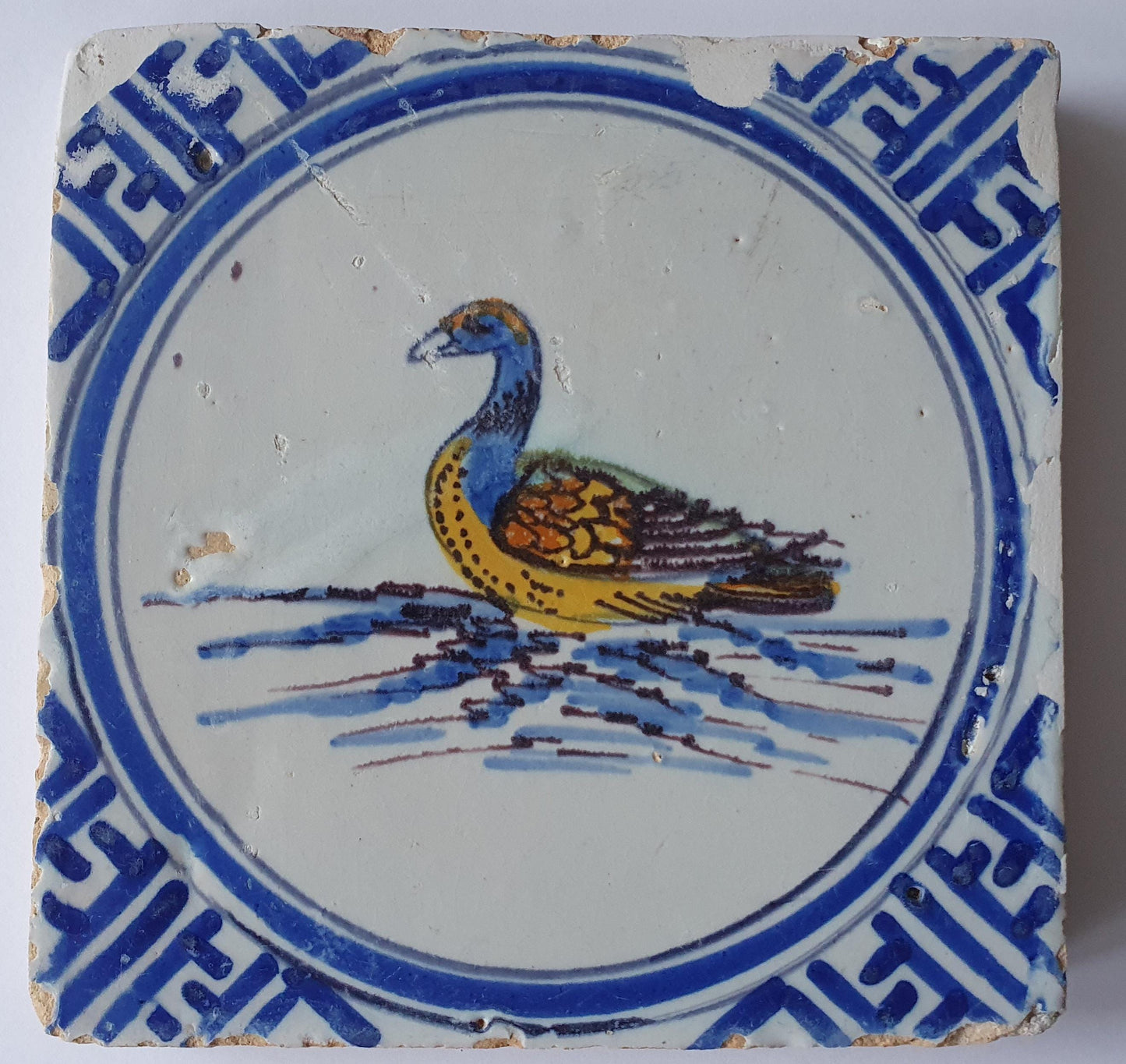 Antique Delft Tile - Polychrome Swan, Wan-Li Motifs (1625)