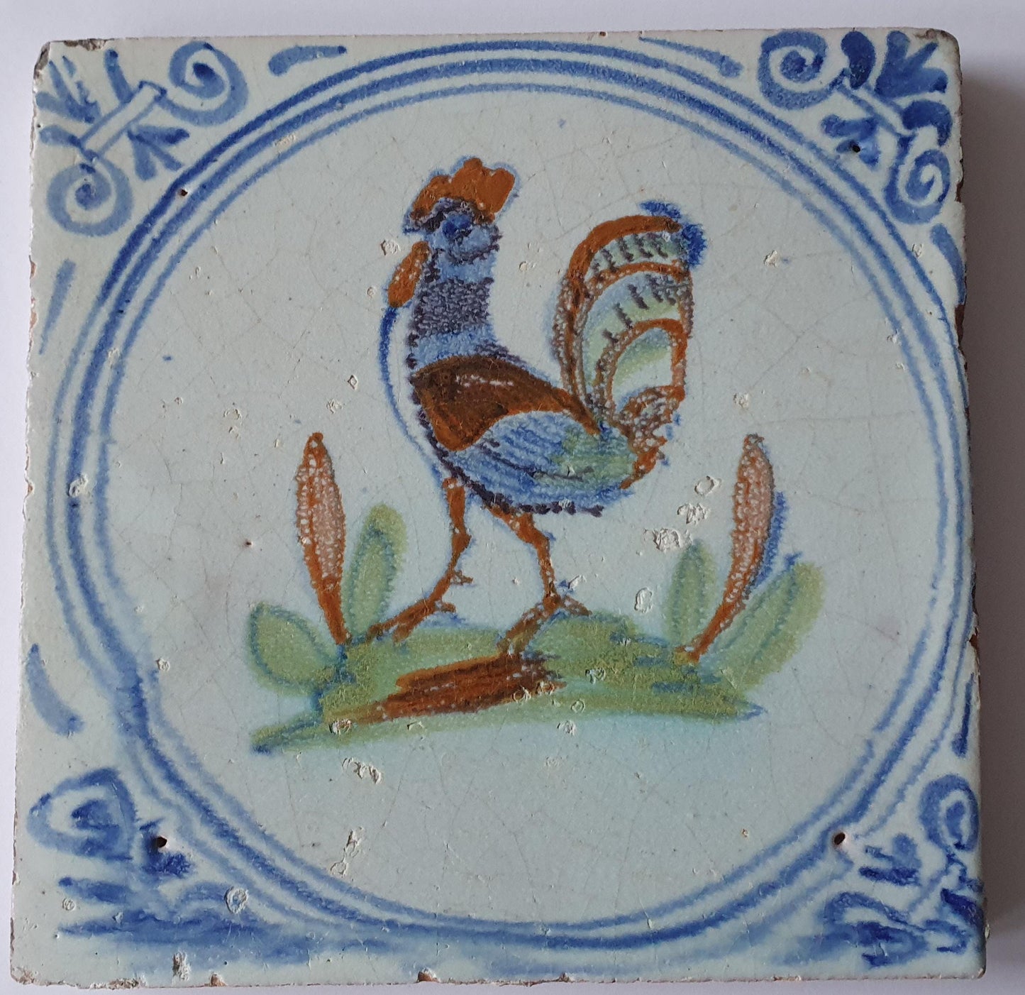 Antique Delft Tile – Polychrome Rooster, 17th Century Dutch Art