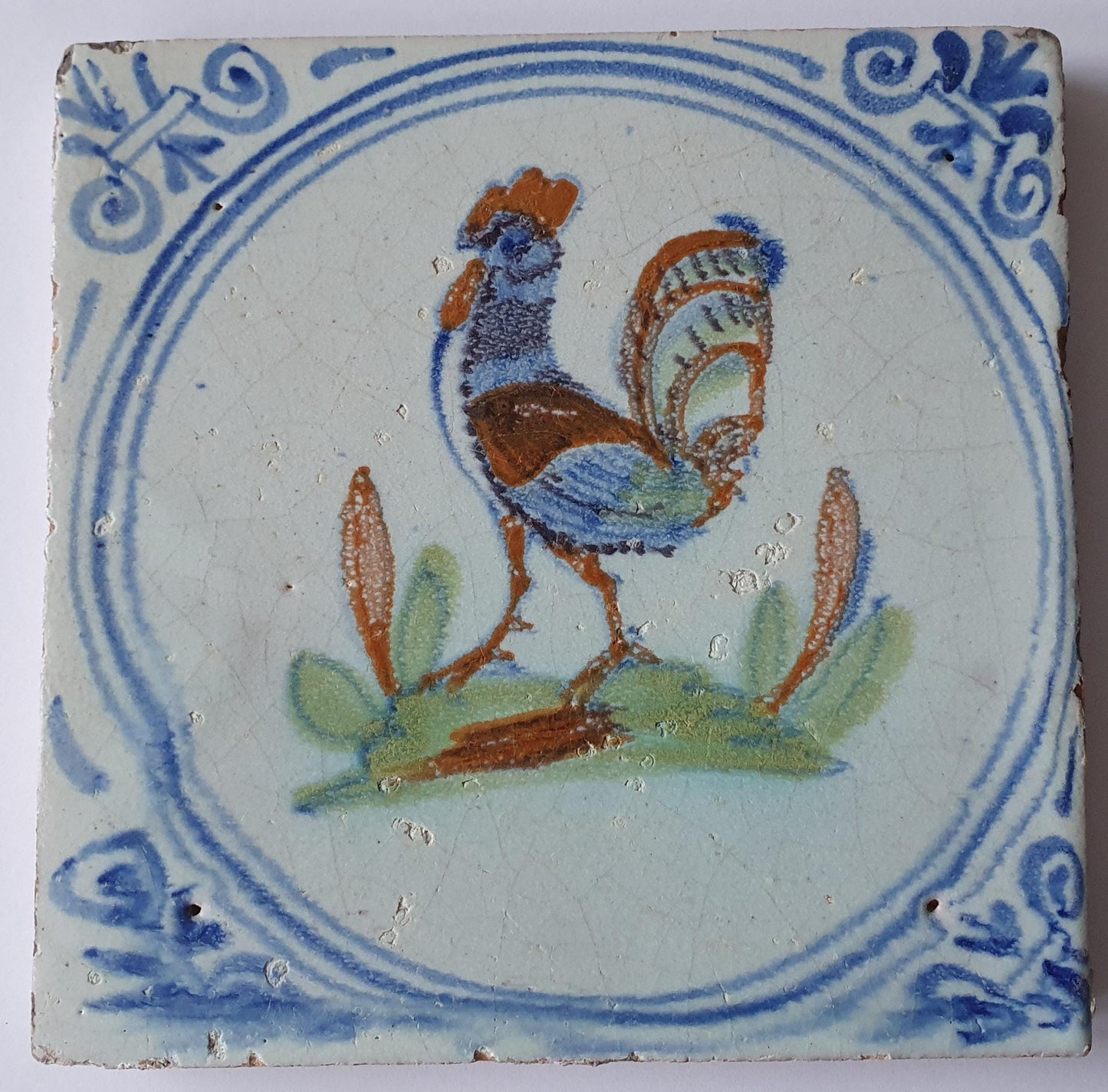 Antique Delft Tile – Polychrome Rooster, 17th Century Dutch Art