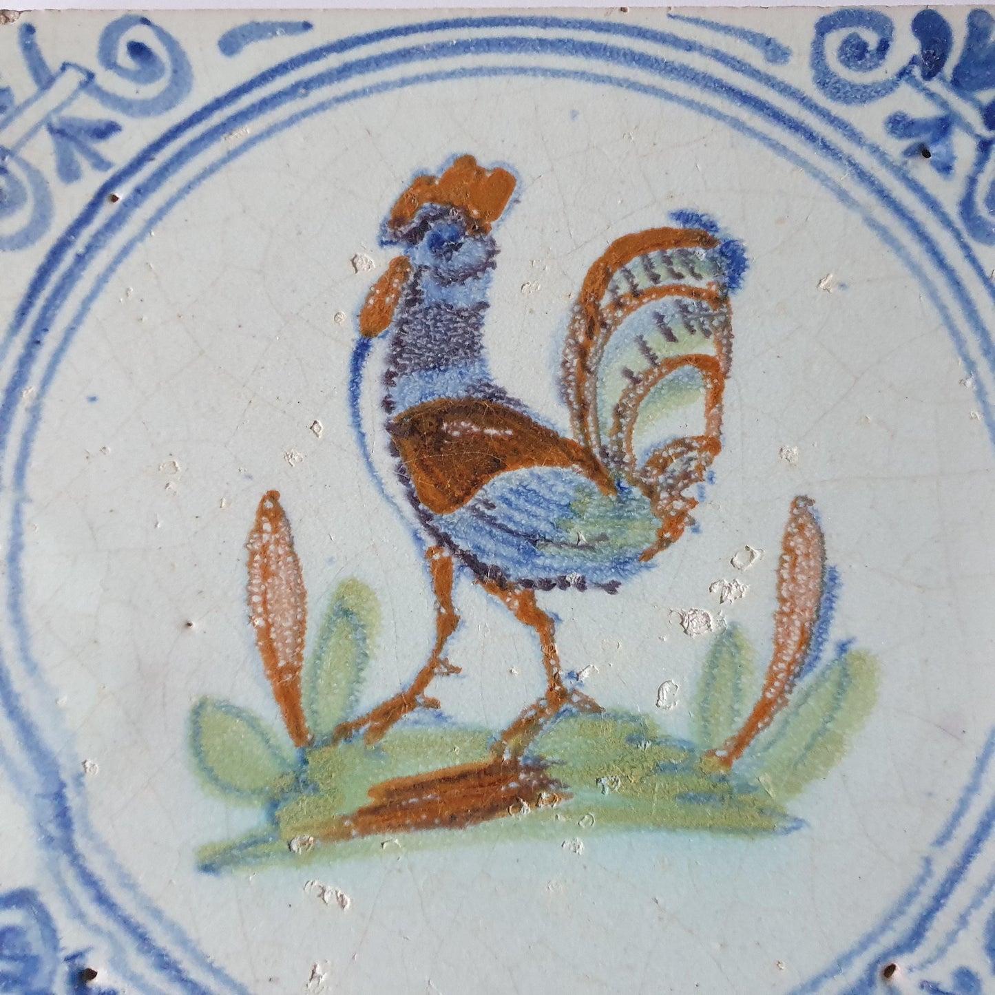 Antique Delft Tile – Polychrome Rooster, 17th Century Dutch Art