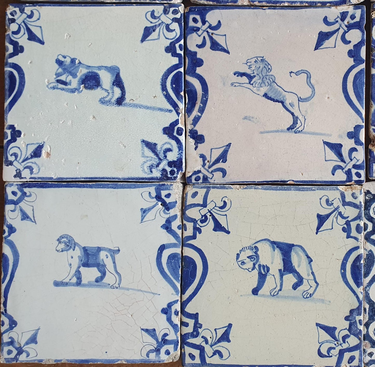 Set of 12 Antique Delft Tiles, Dutch Animal Motifs, 1620-1640