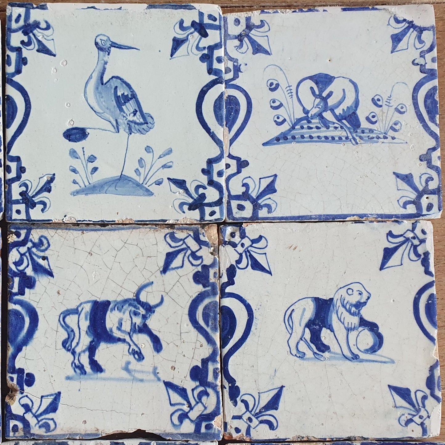 Set of 12 Antique Delft Tiles, Dutch Animal Motifs, 1620-1640