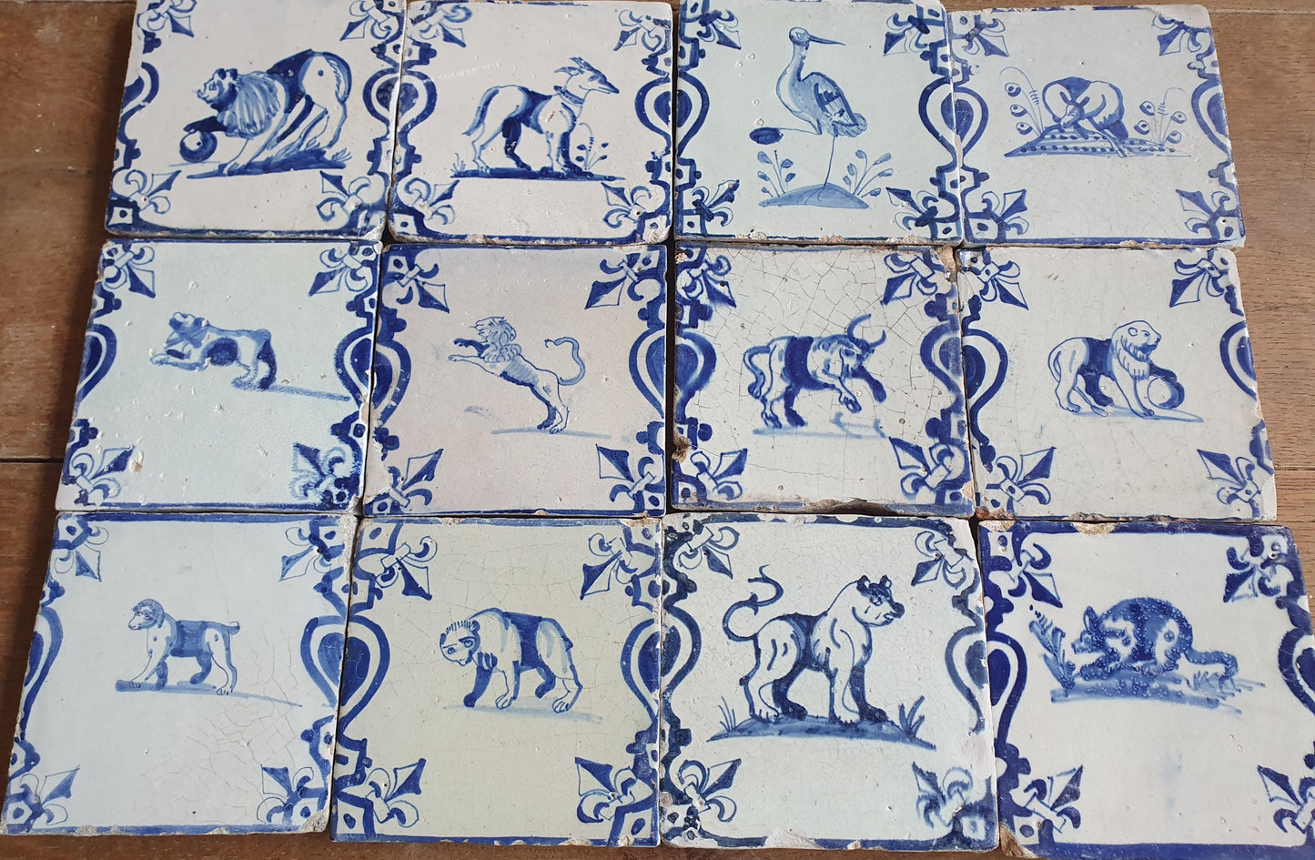 Set of 12 Antique Delft Tiles, Dutch Animal Motifs, 1620-1640