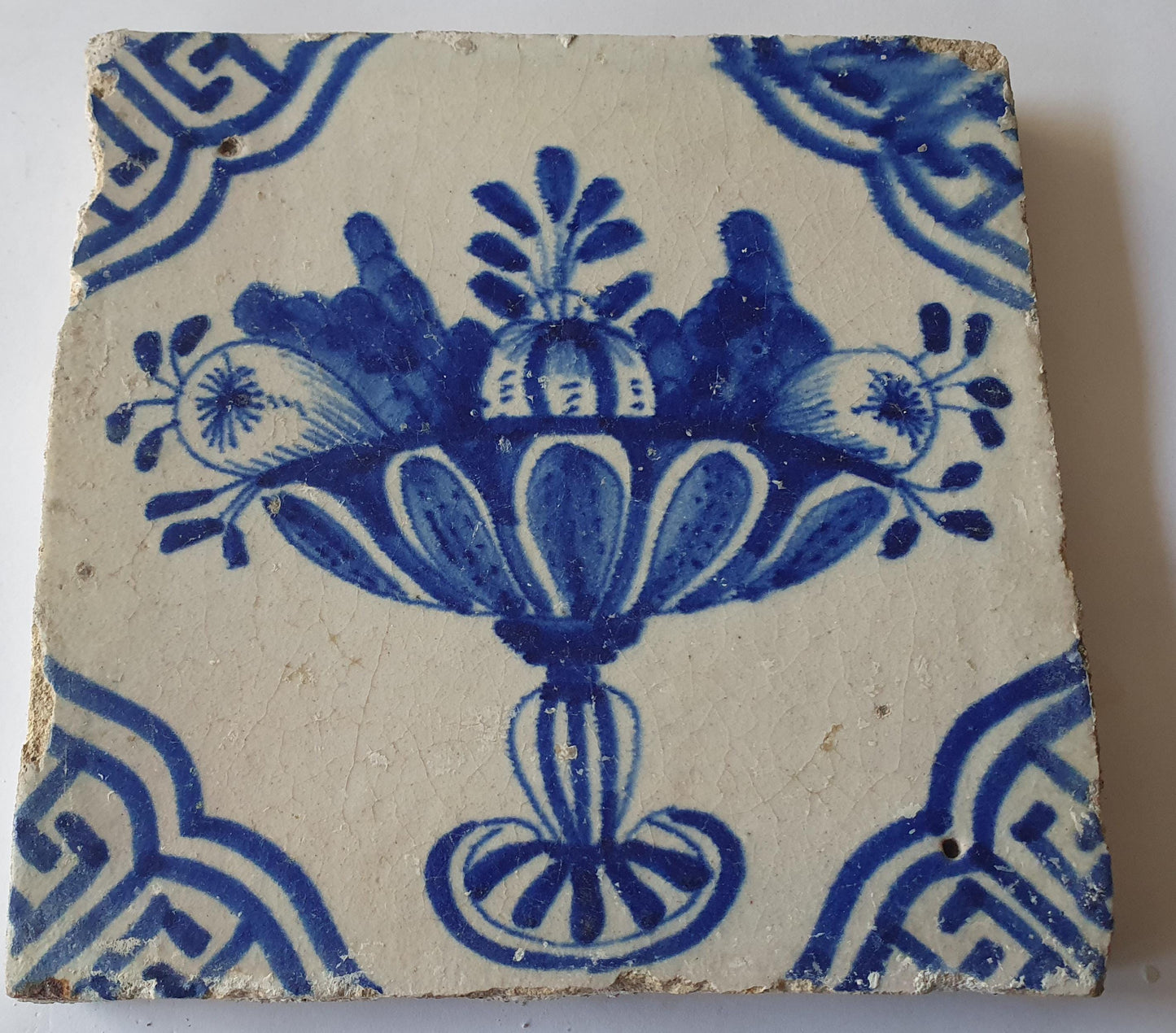 Antique Delft Blue Tile, Fruit Basket Dutch Tile, ca 1600-1625
