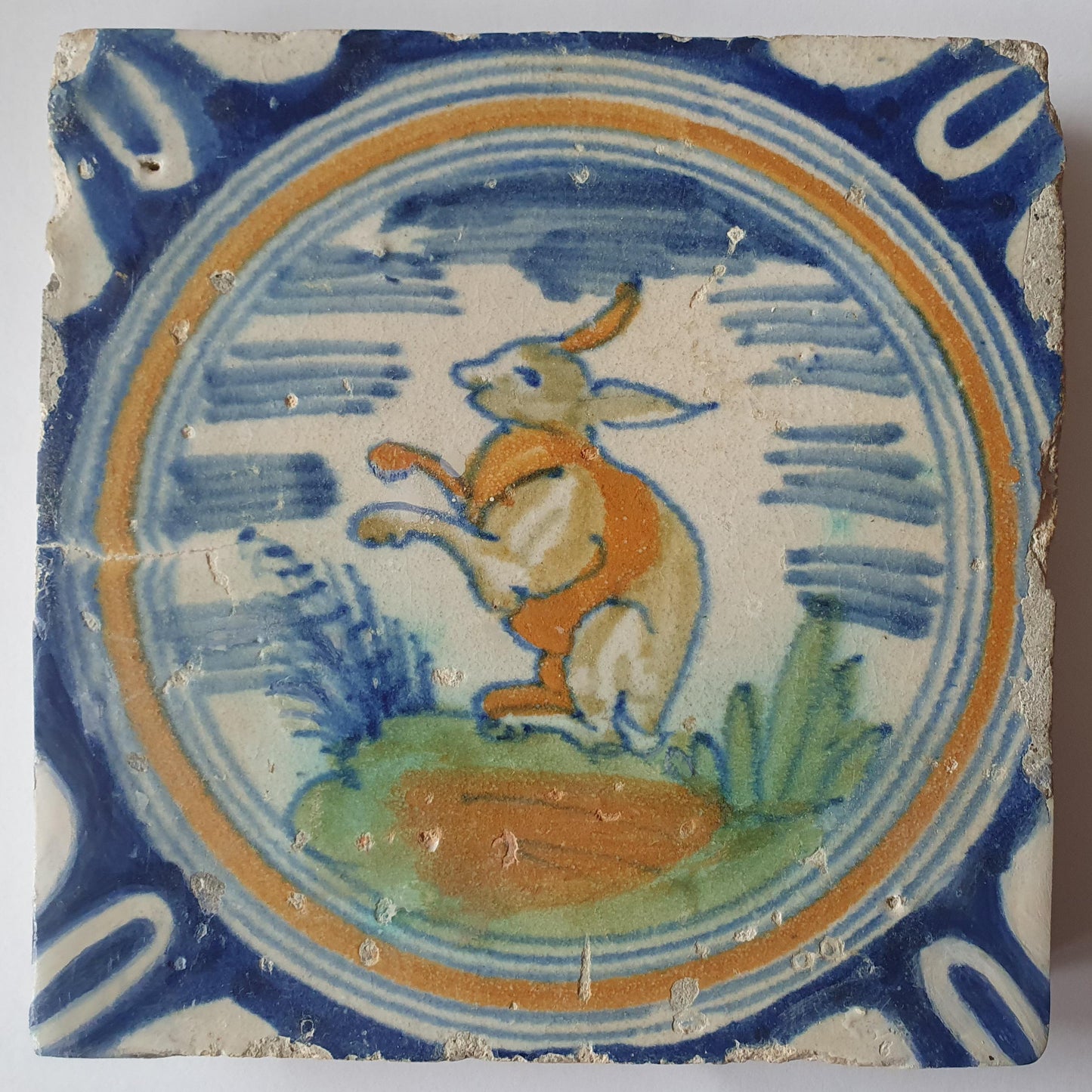 Rare Delft Tile: Hare in Polychrome Landscape, Circa 1620