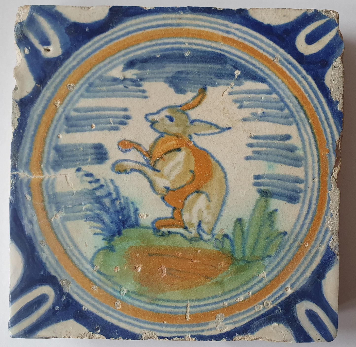 Rare Delft Tile: Hare in Polychrome Landscape, Circa 1620