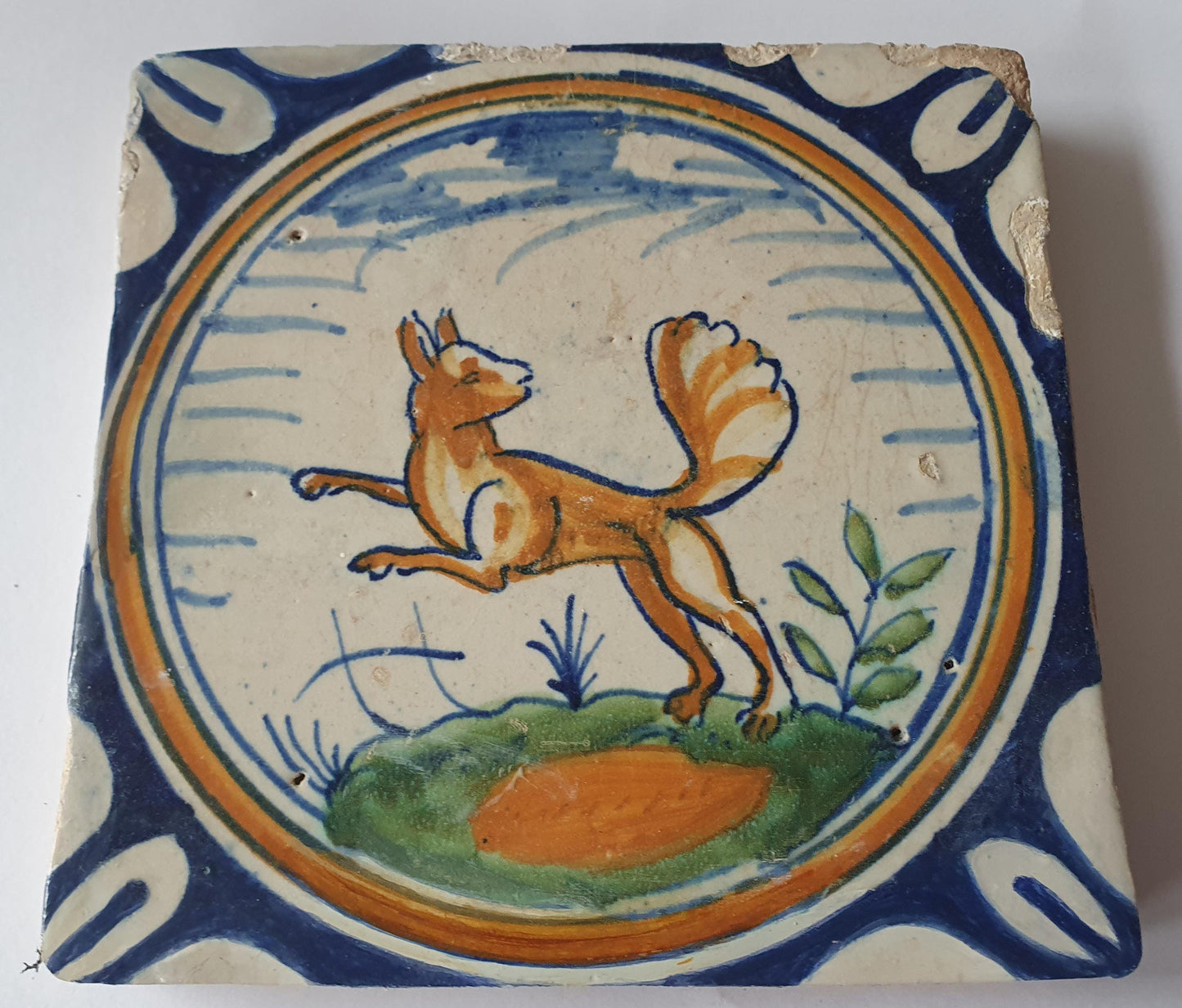 17th Century antique Delft Polychrome Fox Tile, Antique Dutch Collectible (13x13cm) rare
