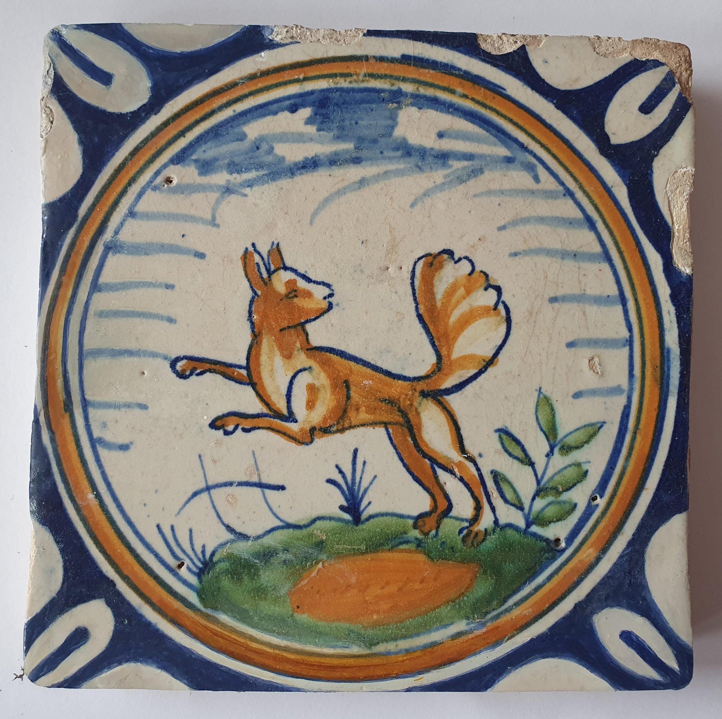 17th Century antique Delft Polychrome Fox Tile, Antique Dutch Collectible (13x13cm) rare